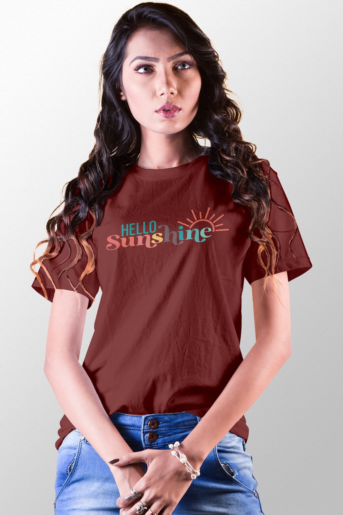 qoeuyl boutique Hello Sunshine Baskılı Unisex Regular Fit Pamuklu Bordo Tişört