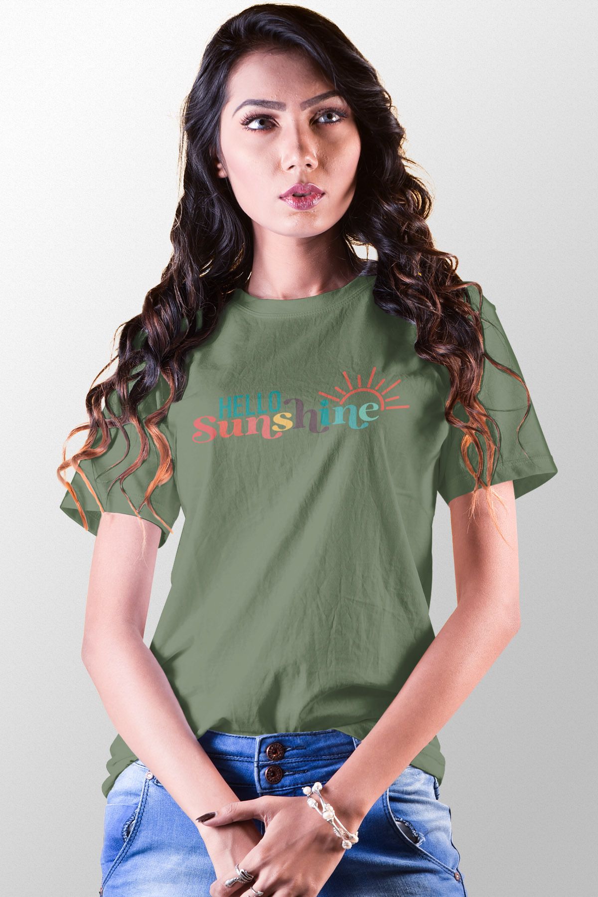 qoeuyl boutique Hello Sunshine Baskılı Unisex Regular Fit Pamuklu Yeşil Tişört
