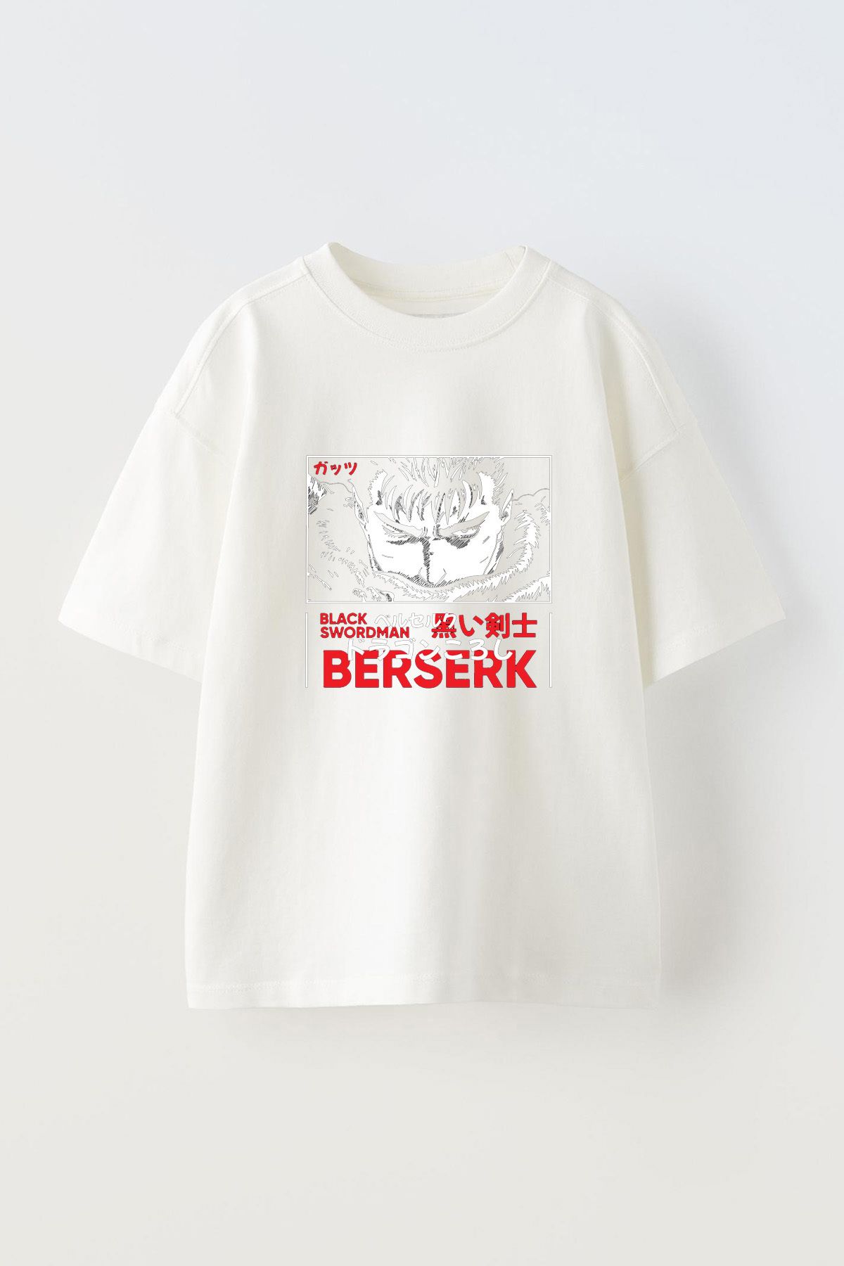 Anetos Berserk Black Swordman Ön Baskılı Pamuk Beyaz Oversize T-shirt