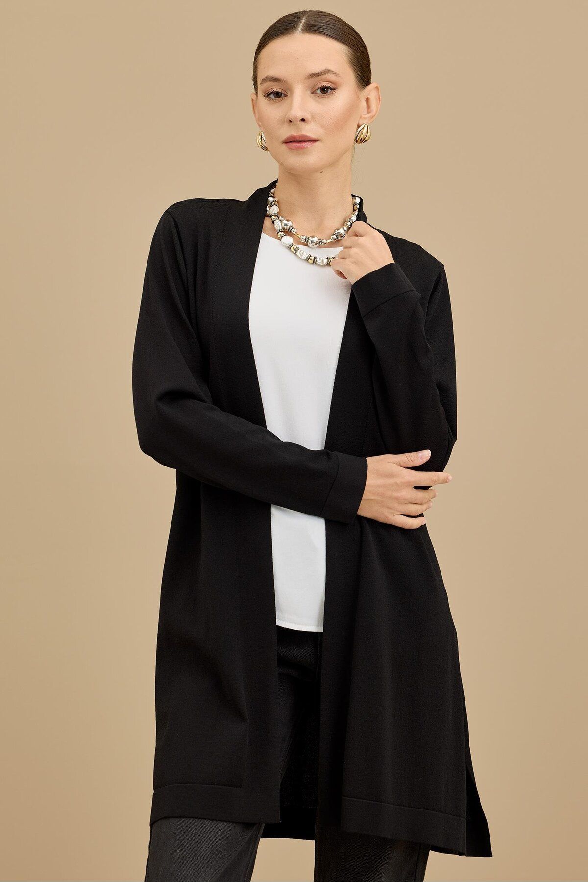 Tığ Triko Beli Kemerli Rayon Basic Hırka SİYAH