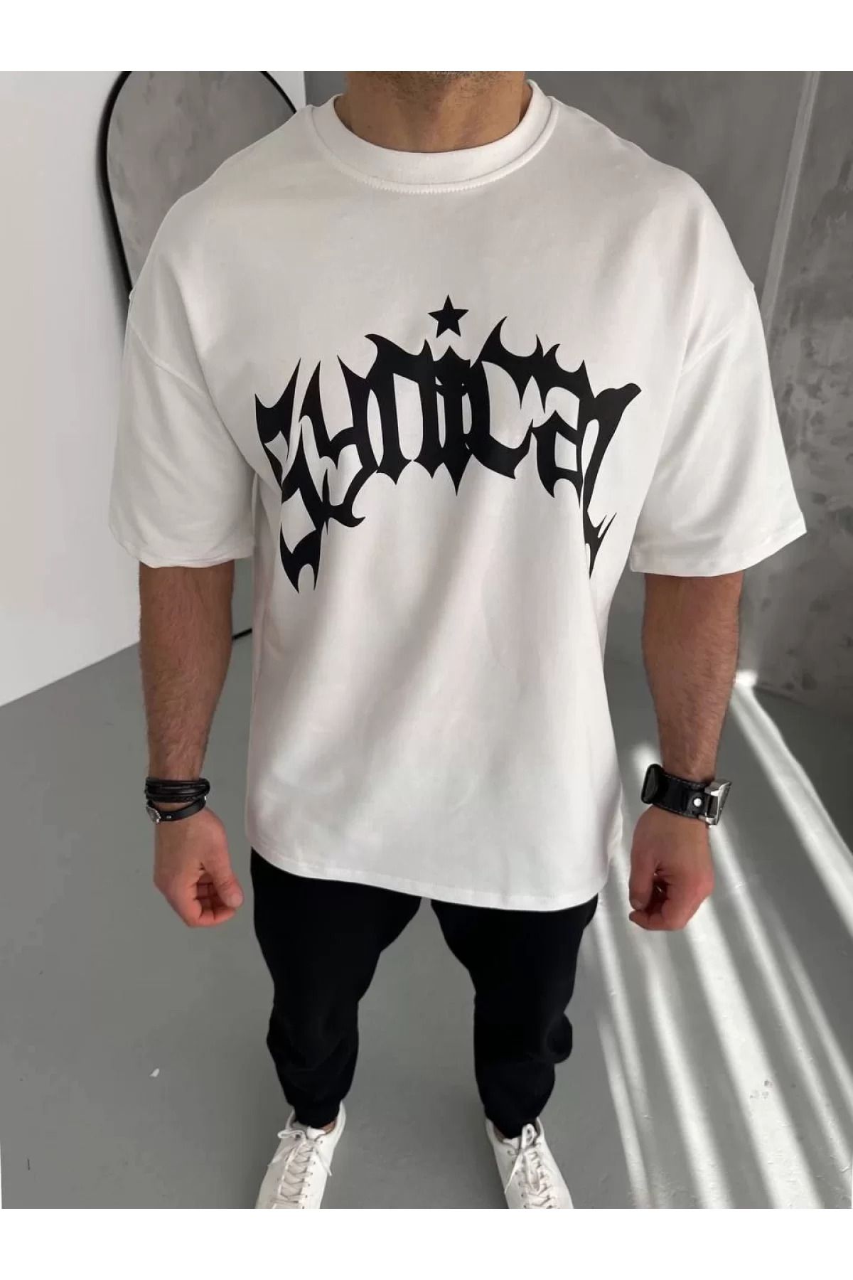 İndigo Park Erkek tişört Unisex Bisiklet Yaka Baskılı Oversize T-Shirt