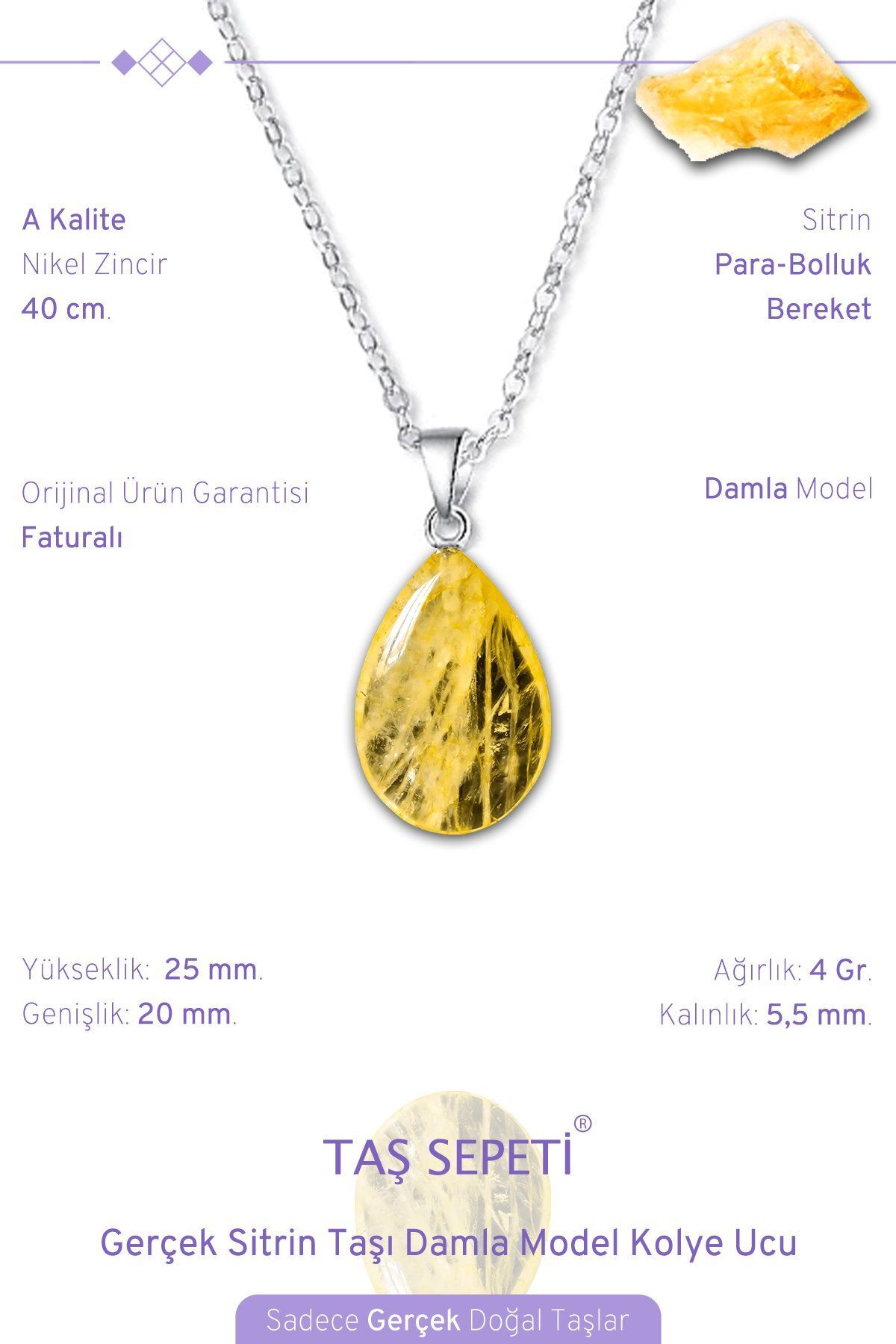 TAŞ SEPETİ Gerçek Sitrin Taşı Damla Model Kolye Ucu Para Bolluk Bereket
