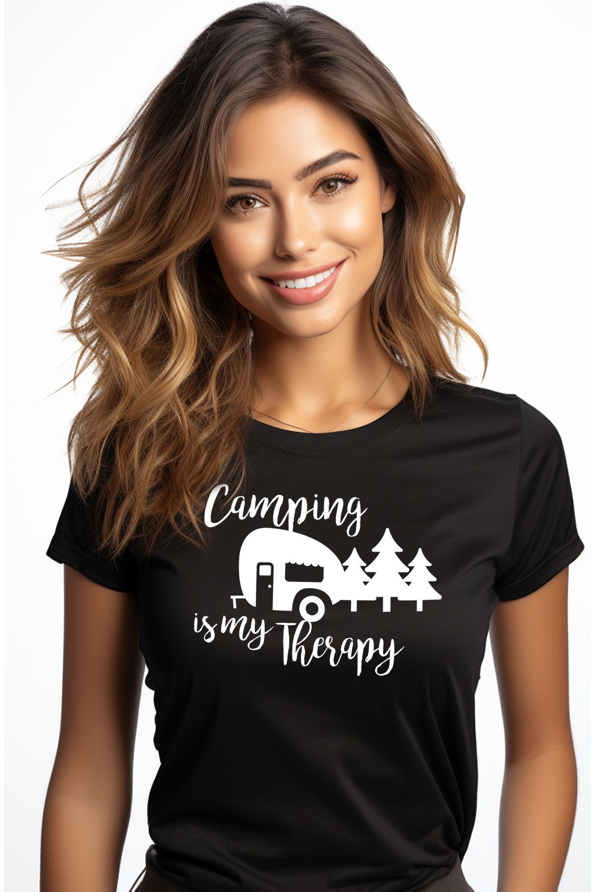 StoryGift Romania Tricou Femei Cu Ilustratie Afisand O Rulota In Padure Si Mesajul "camping Is My Blk_s Femeie - S