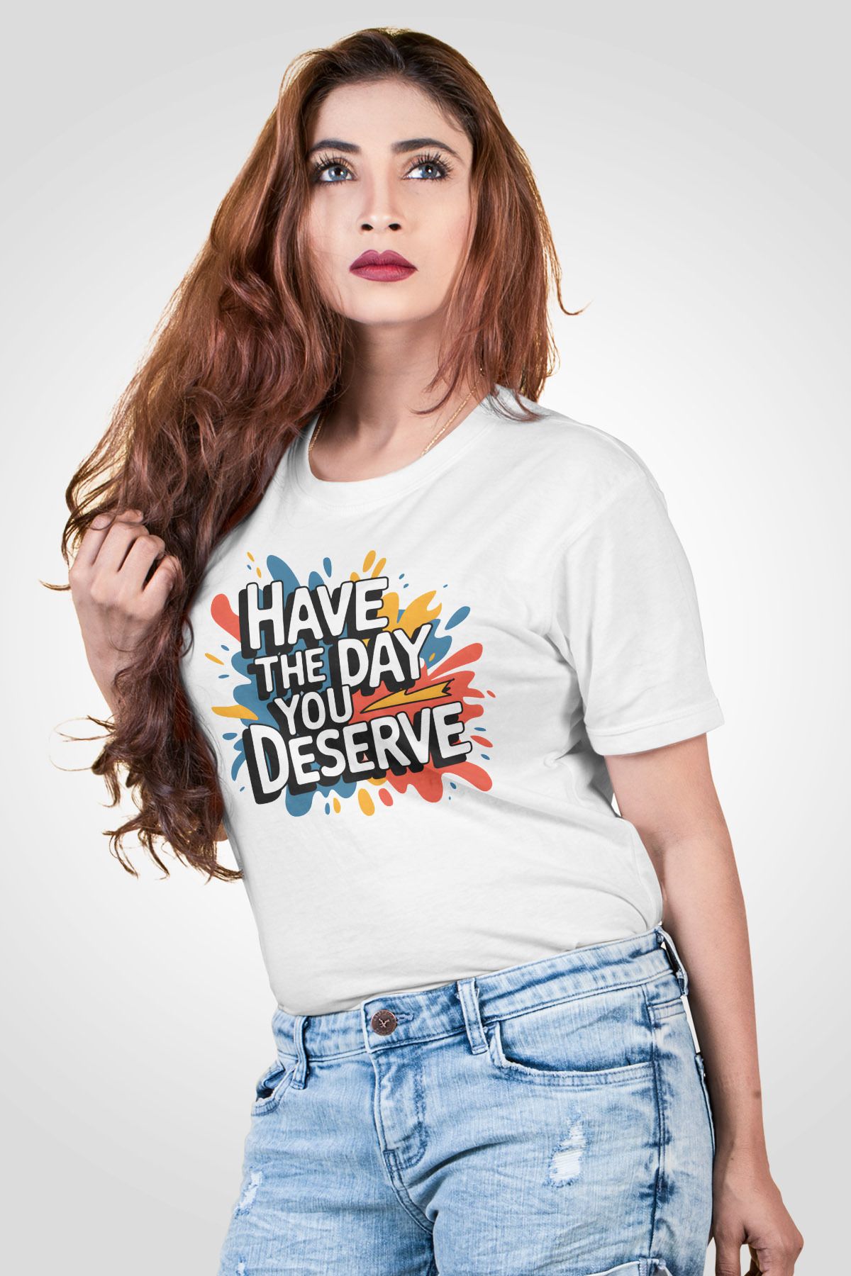 qoeuyl boutique Have The Day You Deserve Baskılı Unisex Regular Fit Pamuklu Beyaz Tişört