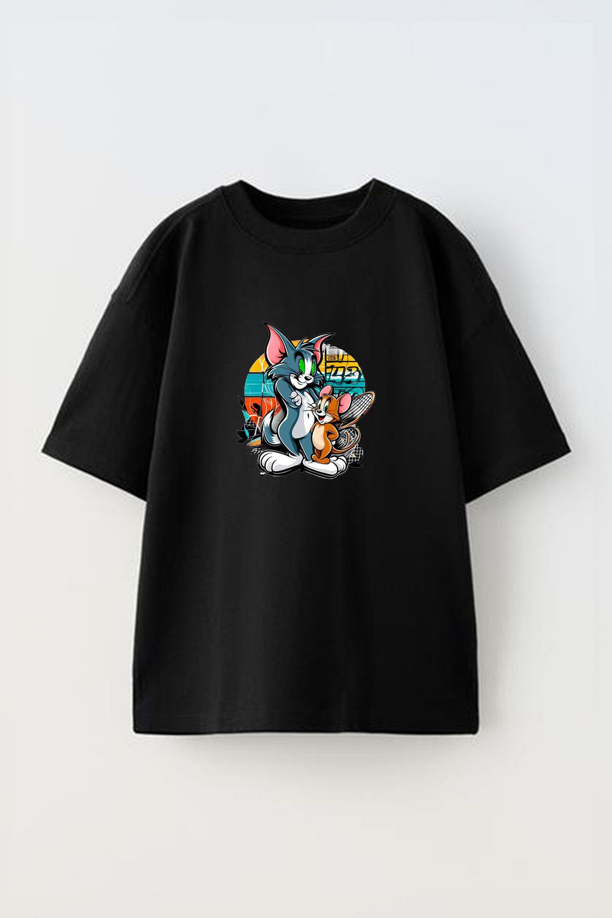 Anetos Tom And Jarry Ön Baskılı Pamuk Siyah Oversize T-shirt