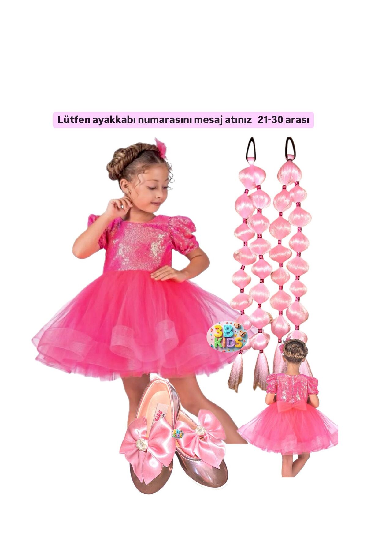 3b kids Pembe Payetli Prenses Elbise + Pembe 2 Adet Bubble Saç + Pembe Kurdele Babet Doğum Günü Set