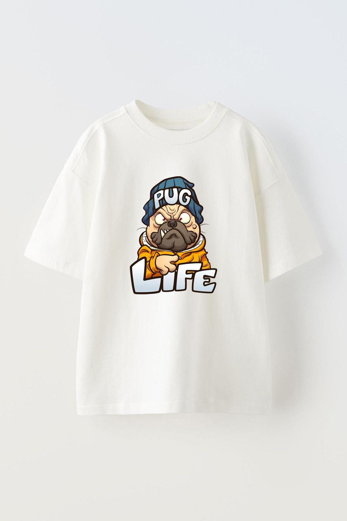 Anetos Pug Life Dog Ön Baskılı Pamuk Beyaz Oversize T-shirt