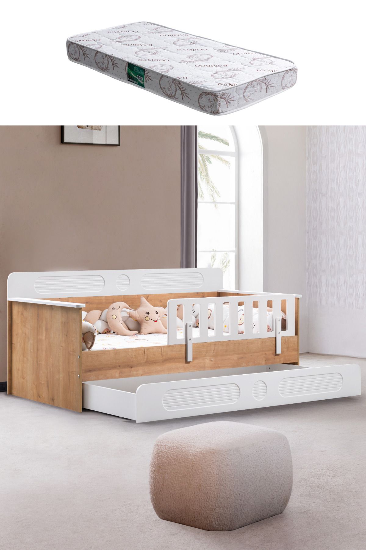 Setay Yavrulu Karyola, Flora Yavrulu Montessori Karyola - Ceviz + 1 Adet Comfort Yatak