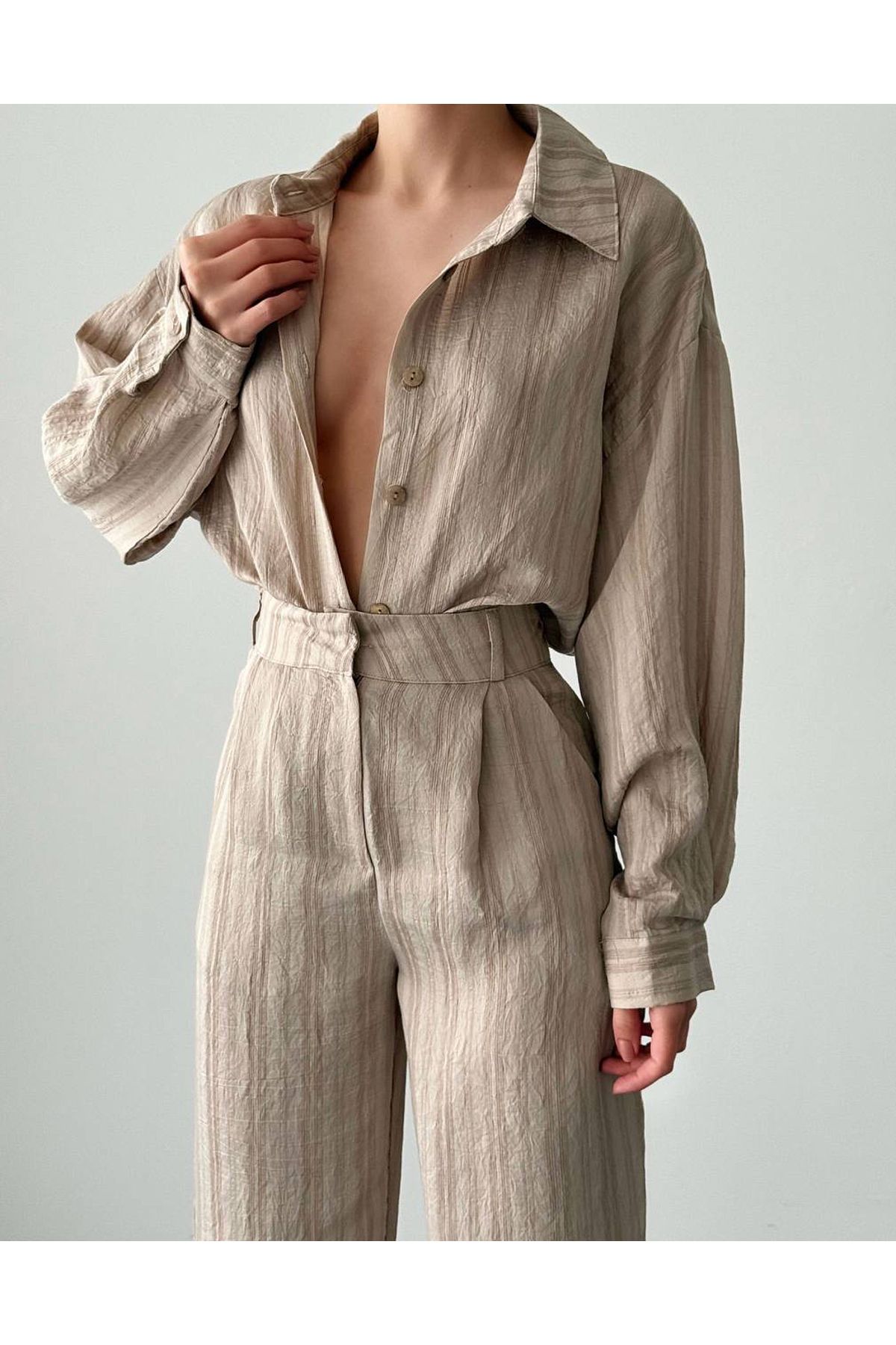 studio fashion 1988 Kadın Vizon Premium Kumaş %100 Pamuk Kendinden Çizgili Oversize Gömlek Pantolon Takım