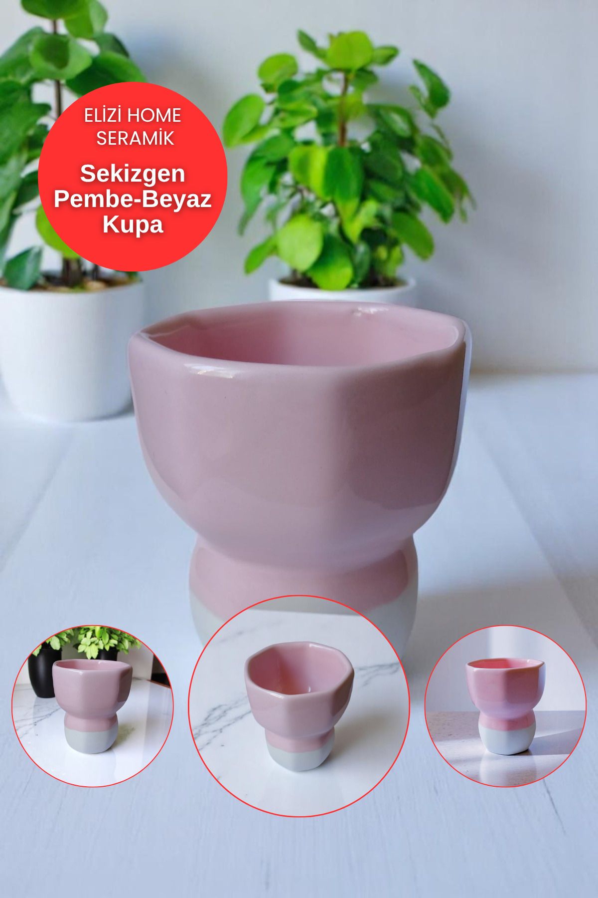 REAY HOME El Yapımı Seramik Pembe- Beyaz Tasarım Handmade Kupa Sekizgen Tasarım Mug Kupa Fincan