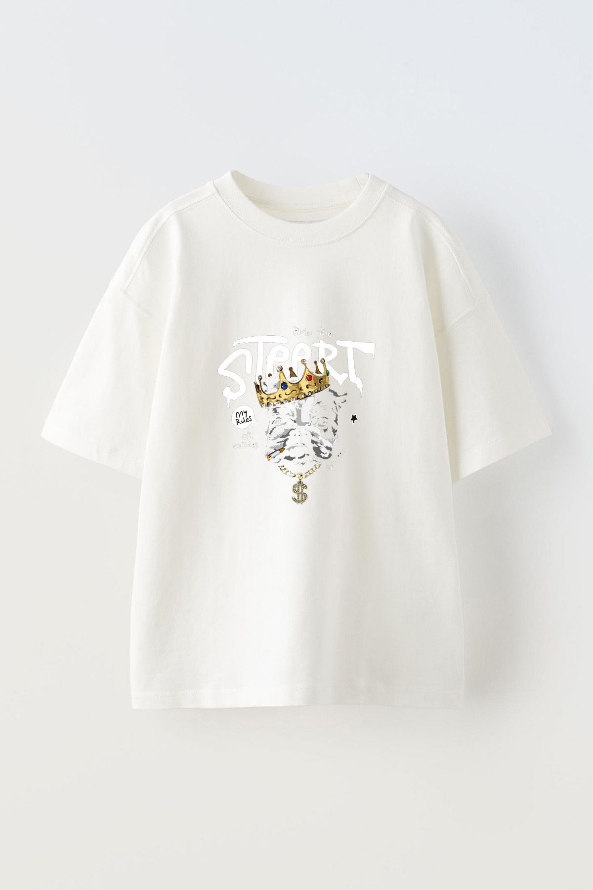 Anetos Streert King Dog Ön Baskılı Pamuk Beyaz Oversize T-shirt