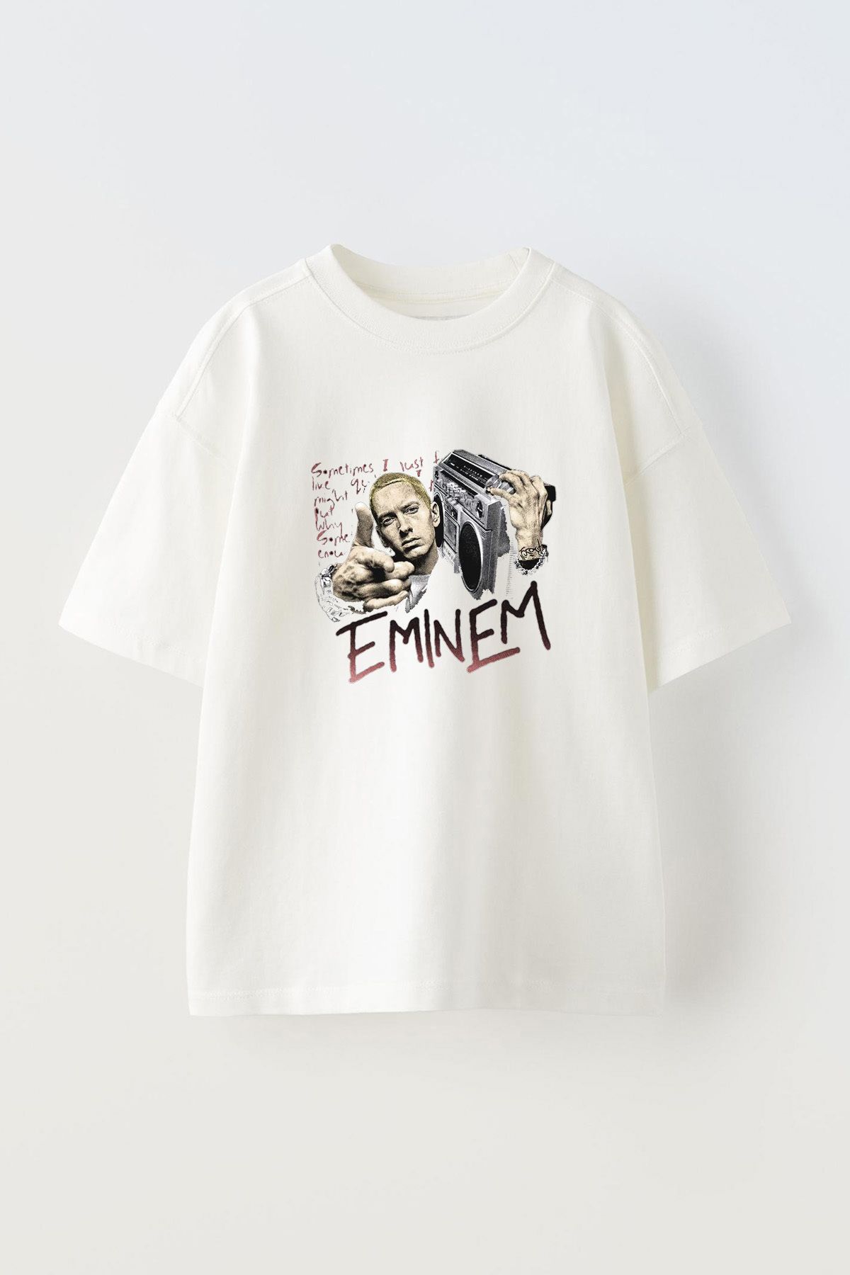 Anetos Eminem Gang Ön Baskılı Pamuk Beyaz Oversize T-shirt