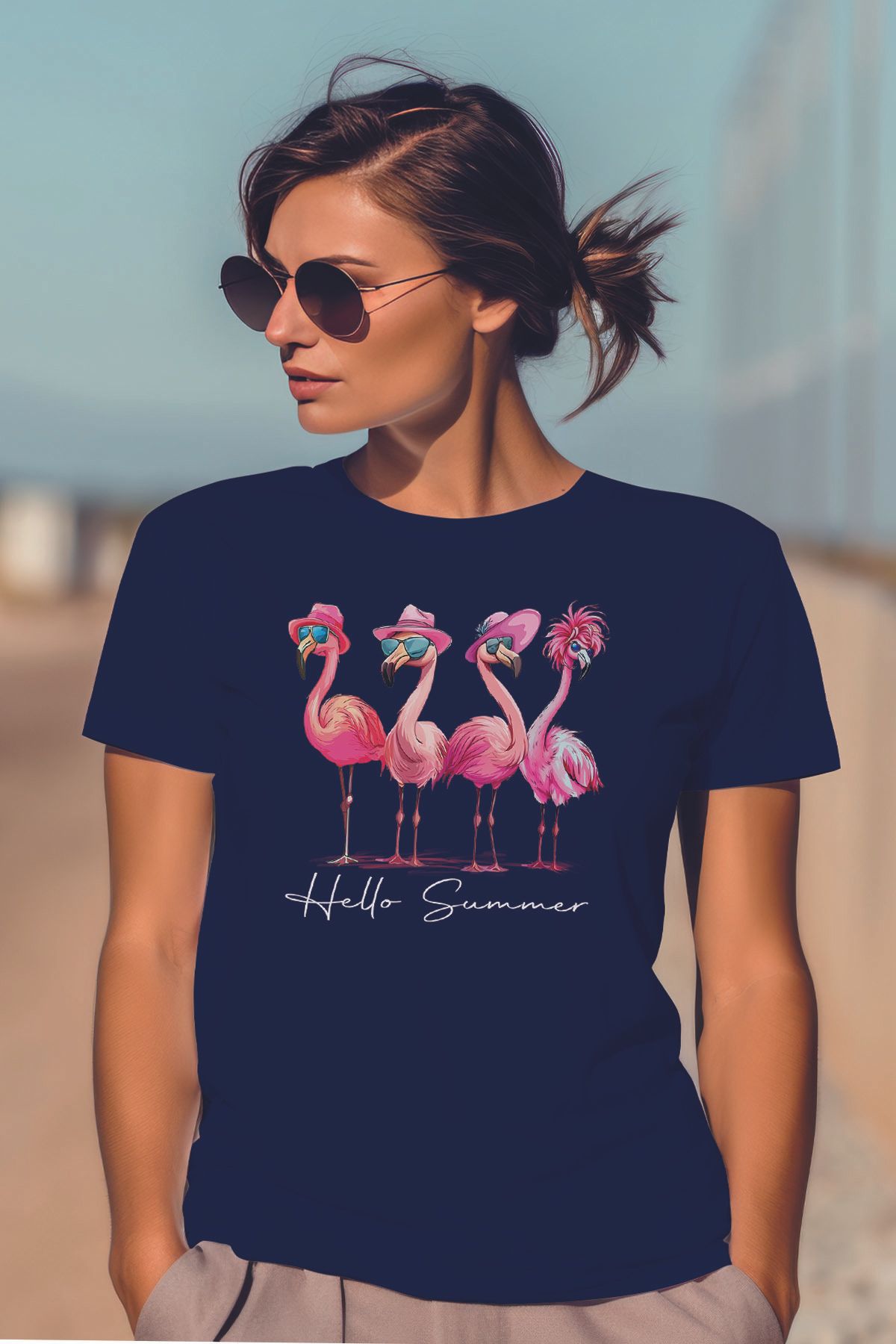 qoeuyl boutique Hello Summer Pembe Flamingolar Baskılıyaz Temalı Unisex Regular Fit Pamuklu Lacivert Tişört