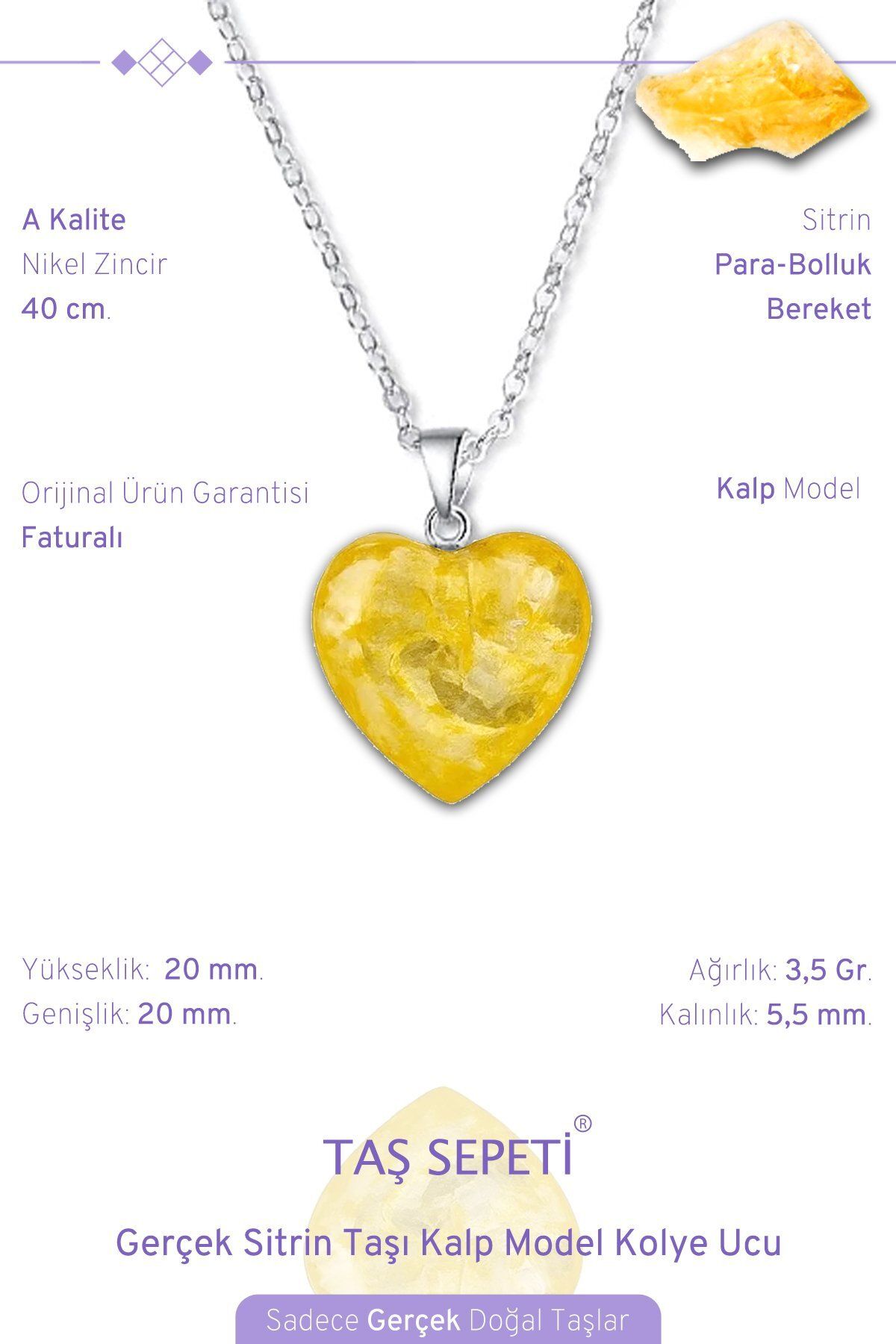 TAŞ SEPETİ Gerçek Sitrin Taşı Kalp Model Kolye Ucu Para Bolluk Bereket