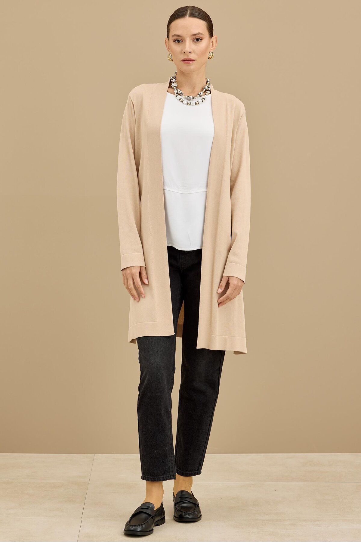 Tığ Triko Beli Kemerli Rayon Basic Hırka K.BEJ