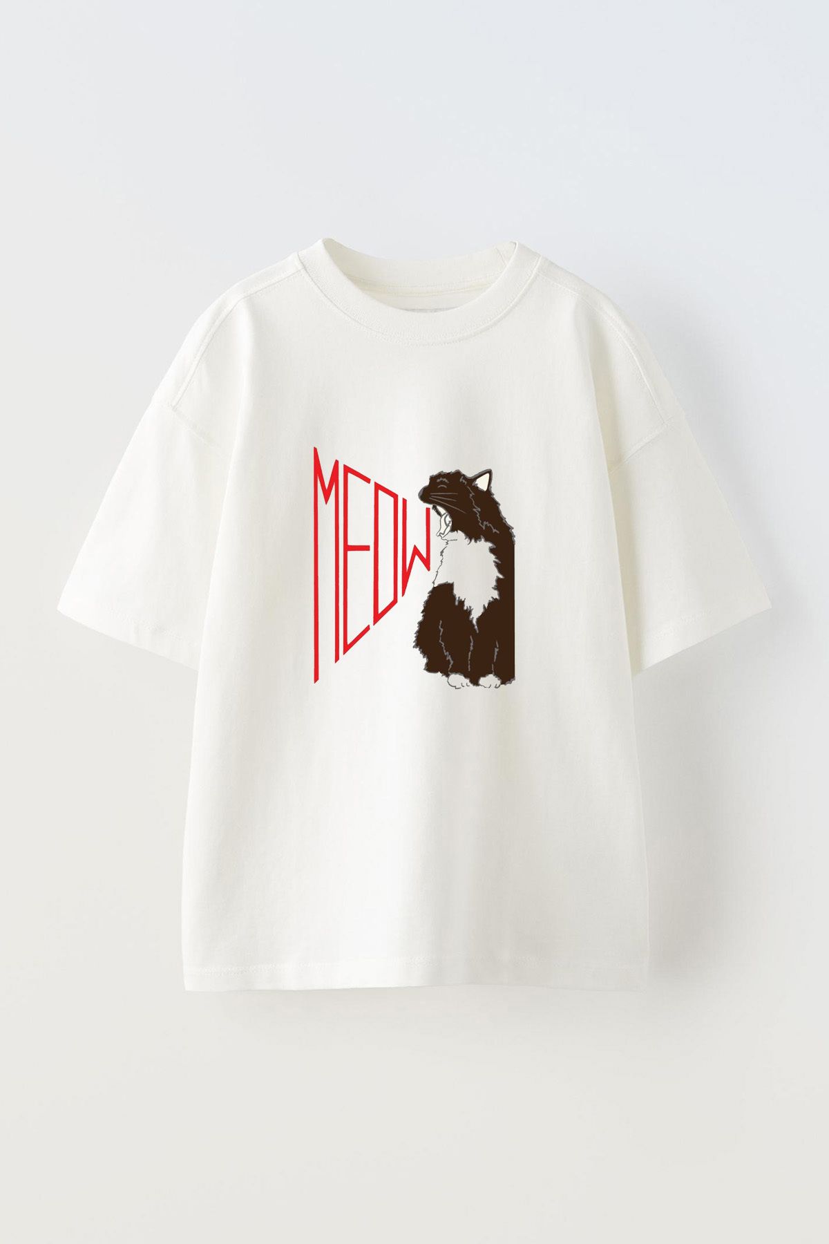 Anetos Meow Cats Ön Baskılı Pamuk Beyaz Oversize T-shirt
