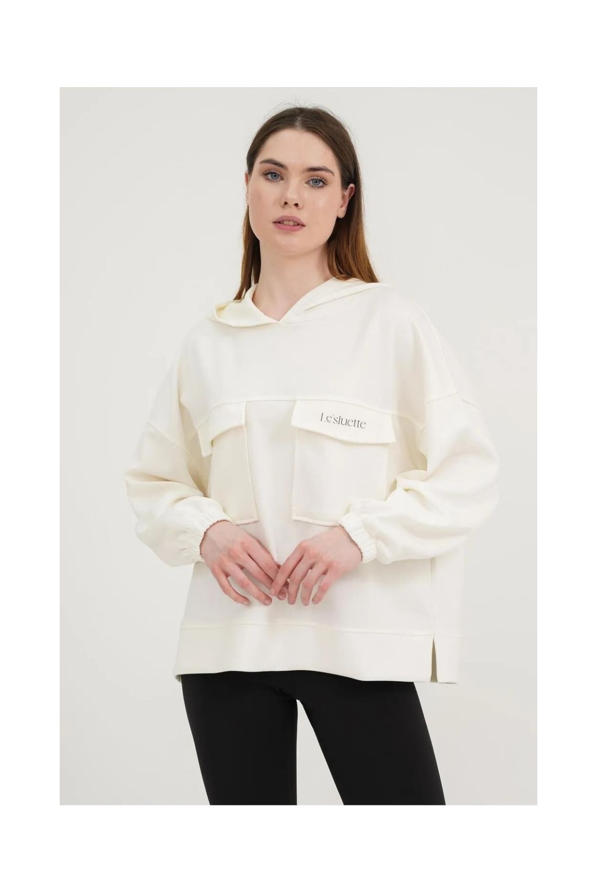 Le'sluette shadow of style KADIN CEP DETAYLI MODAL HOODIE EKRU