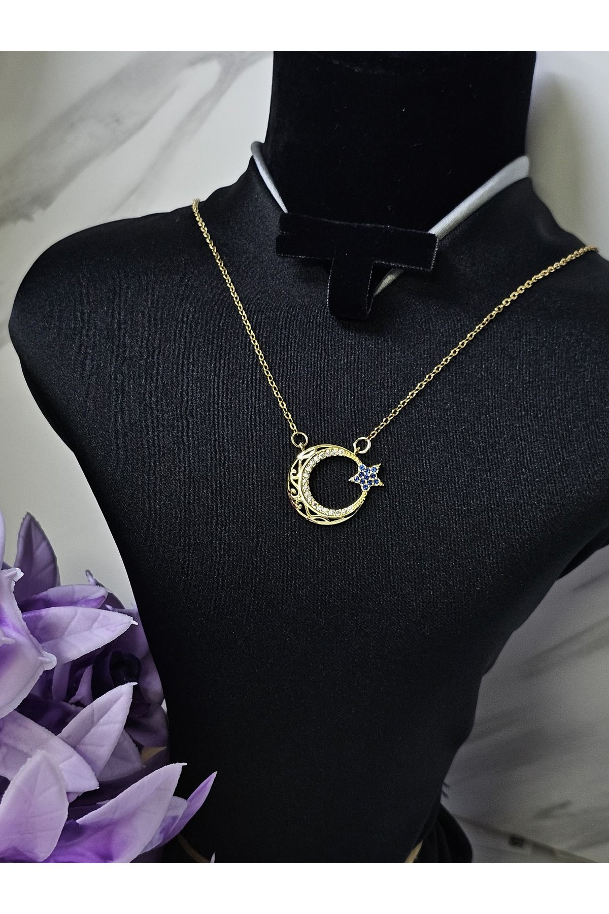 MODA Ay yıldız çelik zincir zirkon laciver taşlı kolye