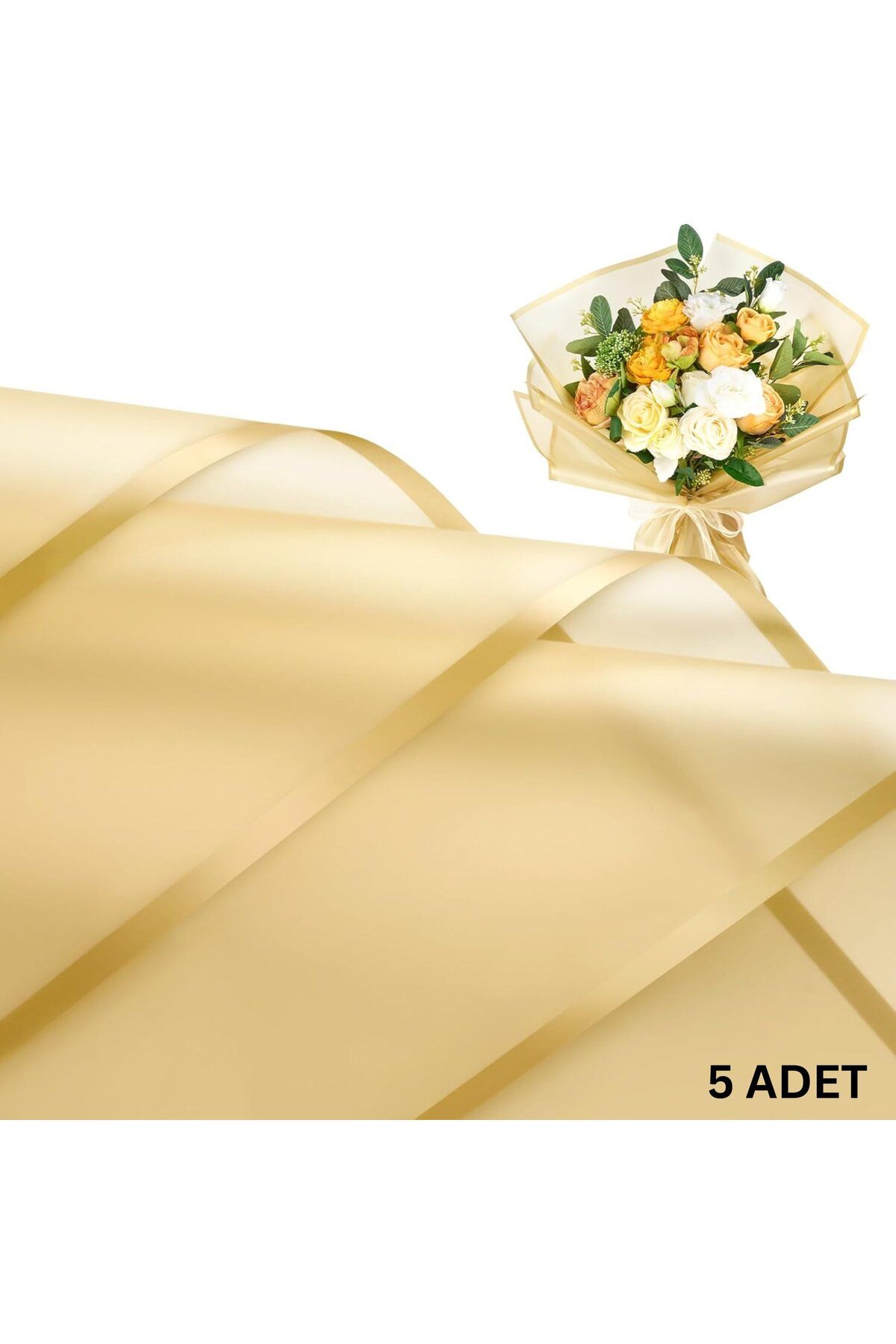 roco paper Altın Kenarlı Altın Çiçek Ambalaj Kağıdı 5'li, Su Geçirmez Mat Şeffaf Buket Sargı Kağıdı, 58x58 Cm