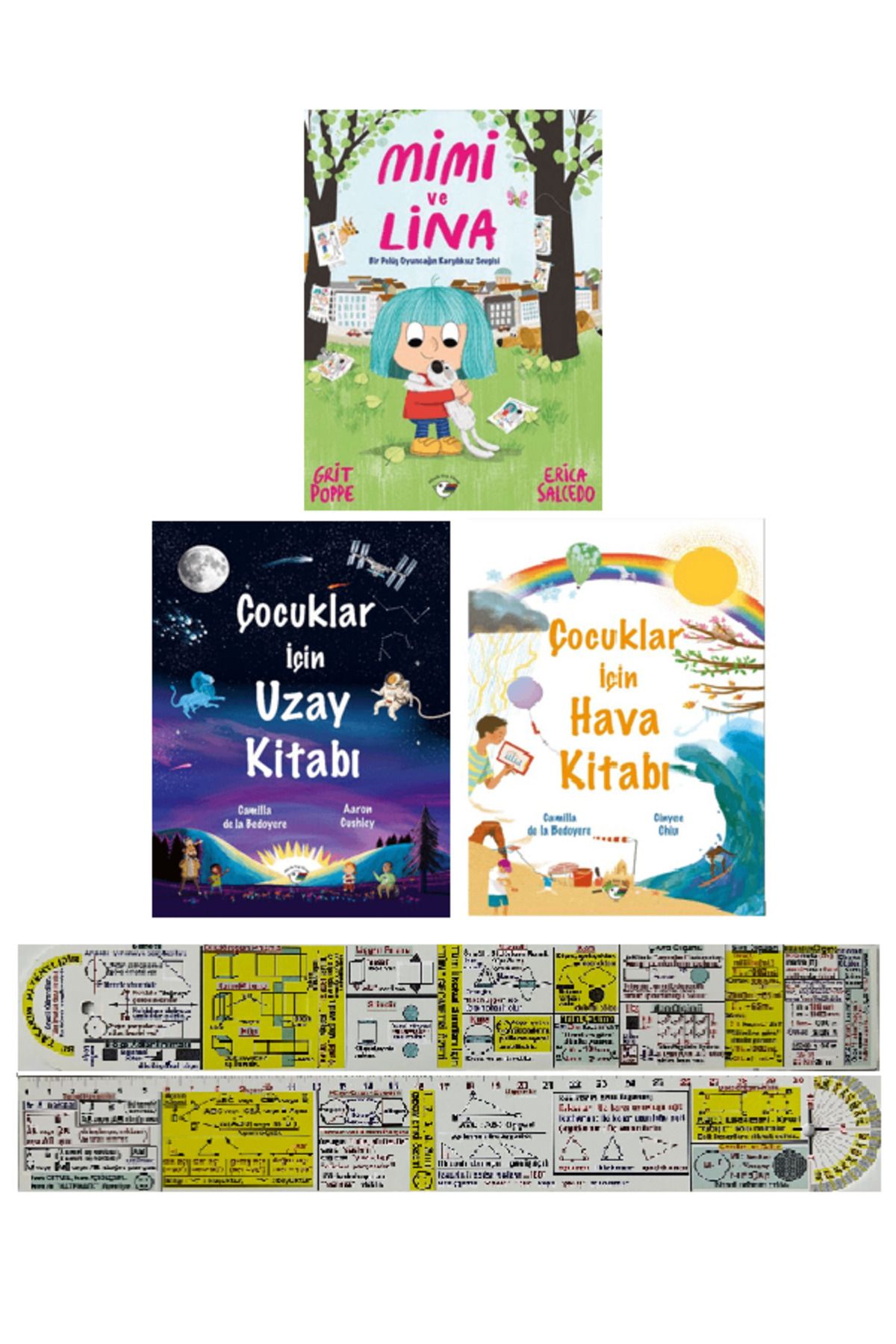 Minik Kuş Kitap Mimi ve Lina + Çocuklar İçin Uzay Kitabı + Hava Kitabı 3'lü Set + Mat. Öğreten Cetvel