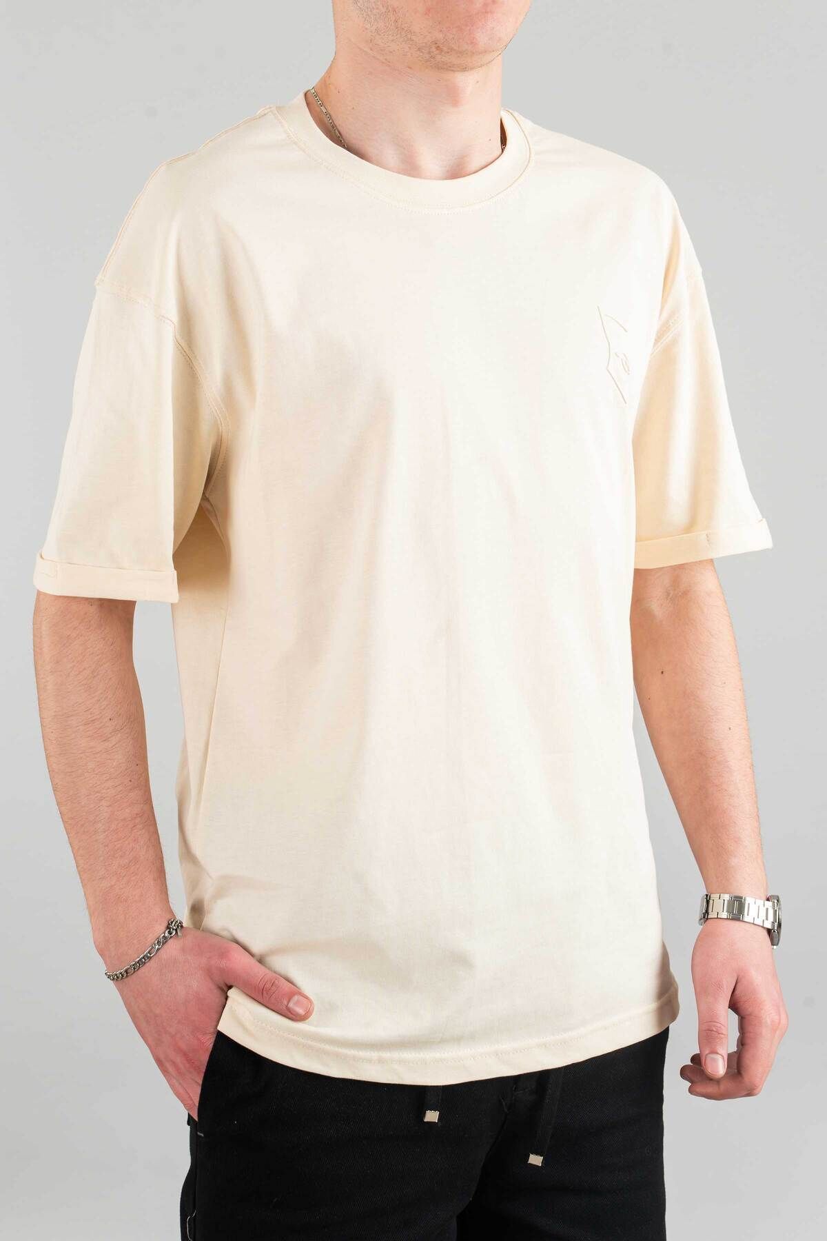bombe Erkek Özel Bisiklet Yaka Tişört Basic Yarı Owersize Düz Baskılı T-Shirt