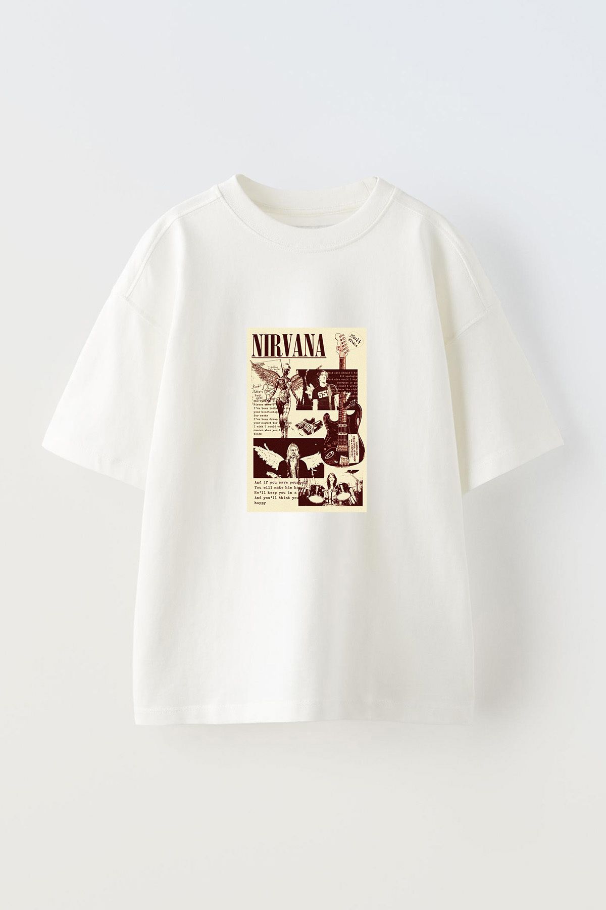 Anetos Nirvana Post Ön Baskılı Pamuk Beyaz Oversize T-shirt