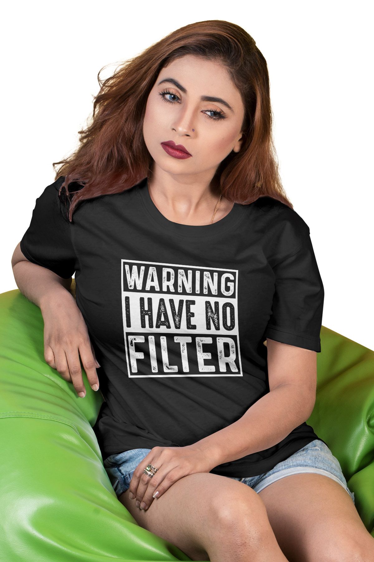 qoeuyl boutique Warning I Have No Filter Baskılı Unisex Regular Fit Pamuklu Siyah Tişört