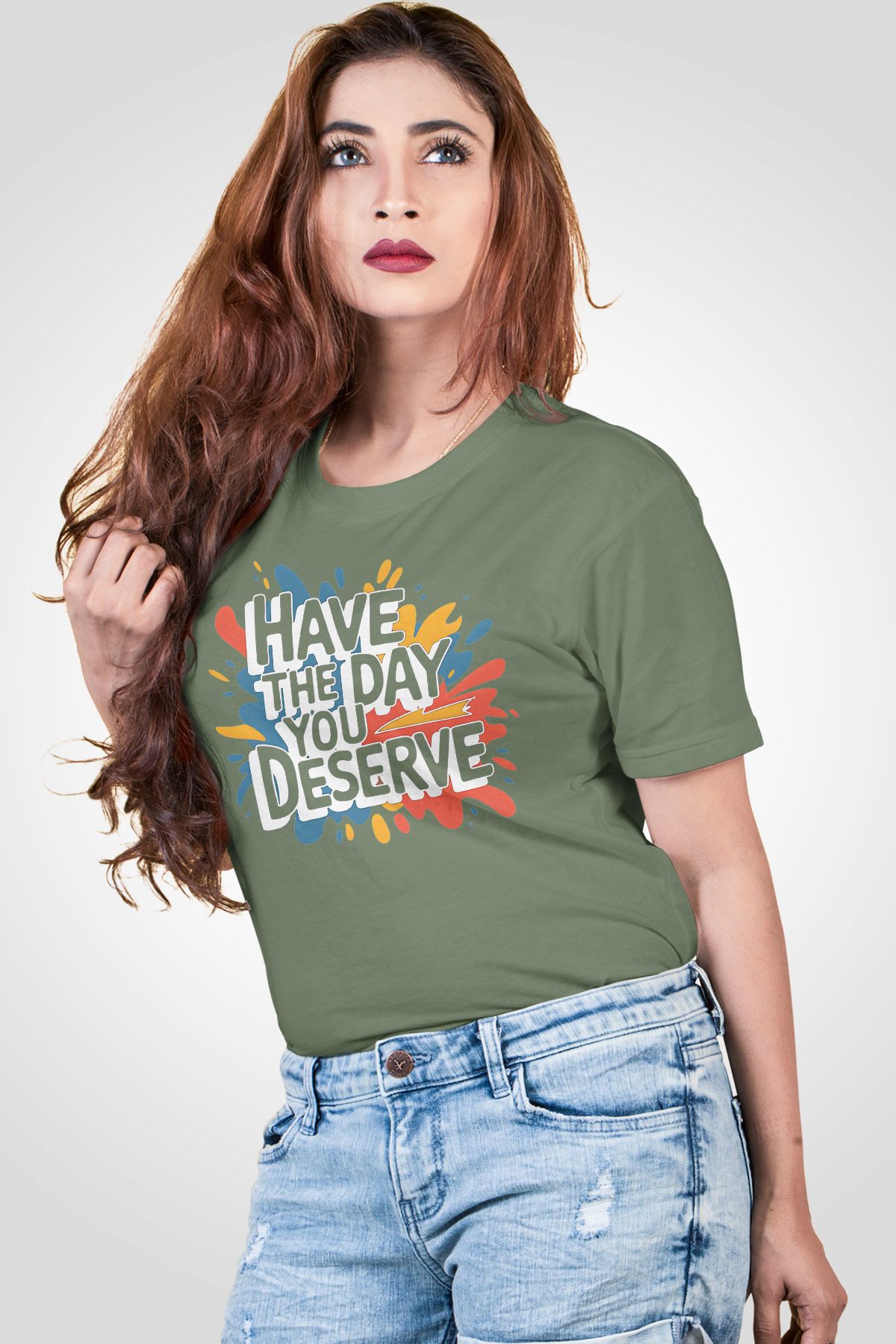 qoeuyl boutique Have The Day You Deserve Baskılı Unisex Regular Fit Pamuklu Yeşil Tişört