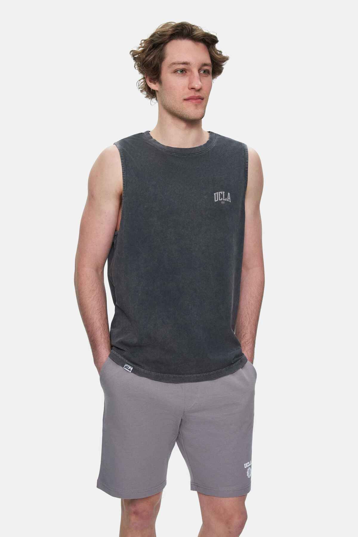 UCLA ELTON Siyah Bisiklet Yaka Sıfır Kol Yıkamalı Baskılı Oversize Erkek Tshirt