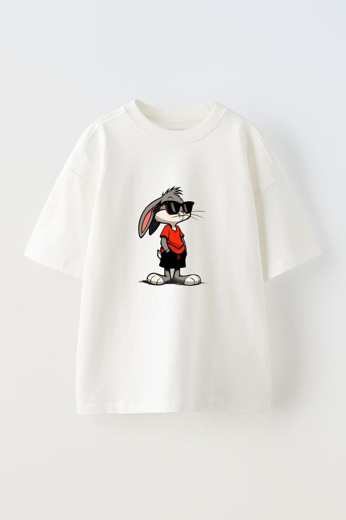 Anetos Cool Bugs Bunny Ön Baskılı Pamuk Beyaz Oversize T-shirt