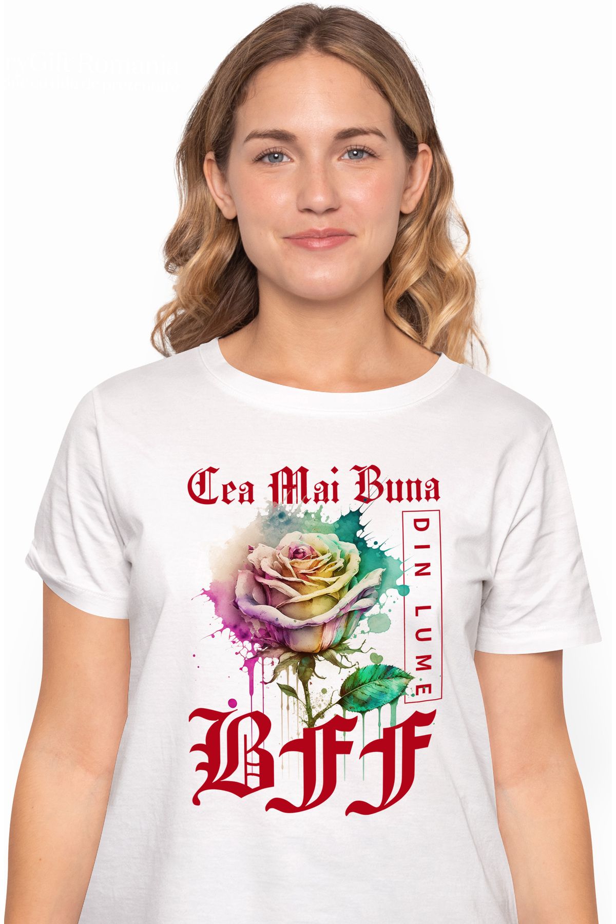 StoryGift Romania Tricou Femei Cu Textul Cea Mai Buna Bff, Din Lume, Floare, Trandafir Colorat, Wa Wht_xs Femeie - L