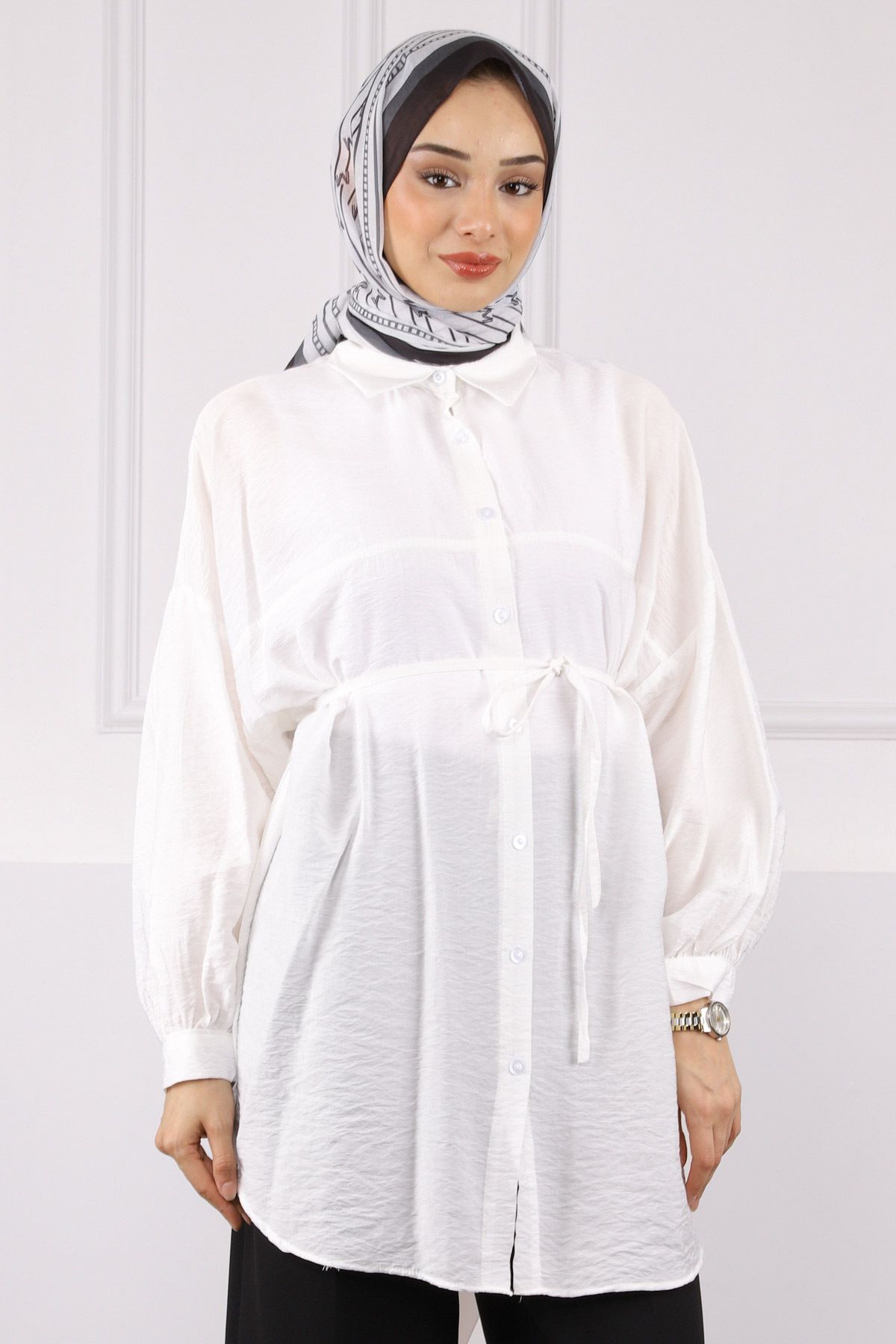 İmajButik Ekru Beli İp Detaylı Tunik