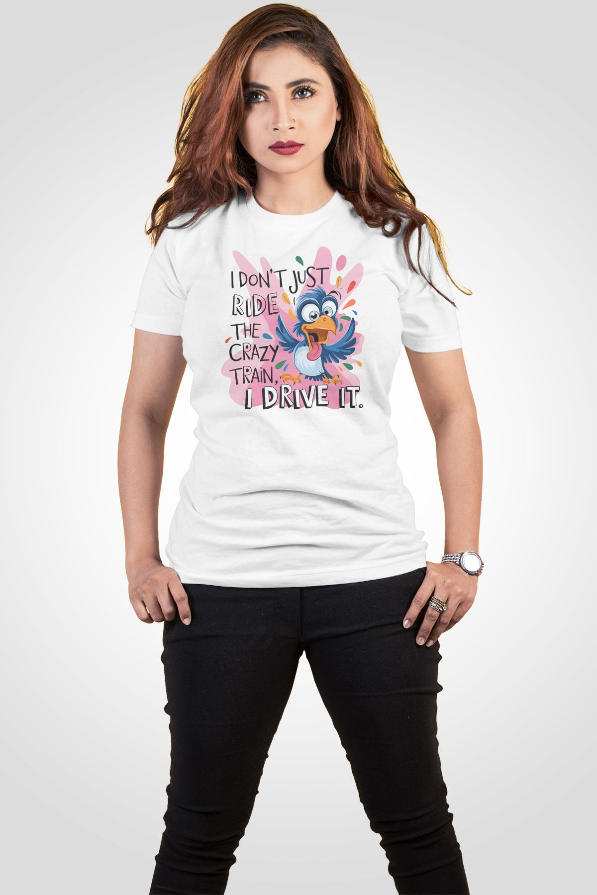 qoeuyl boutique I Dont Just Ride The Crazy Train Baskılı Unisex Regular Fit Pamuklu Beyaz Tişört