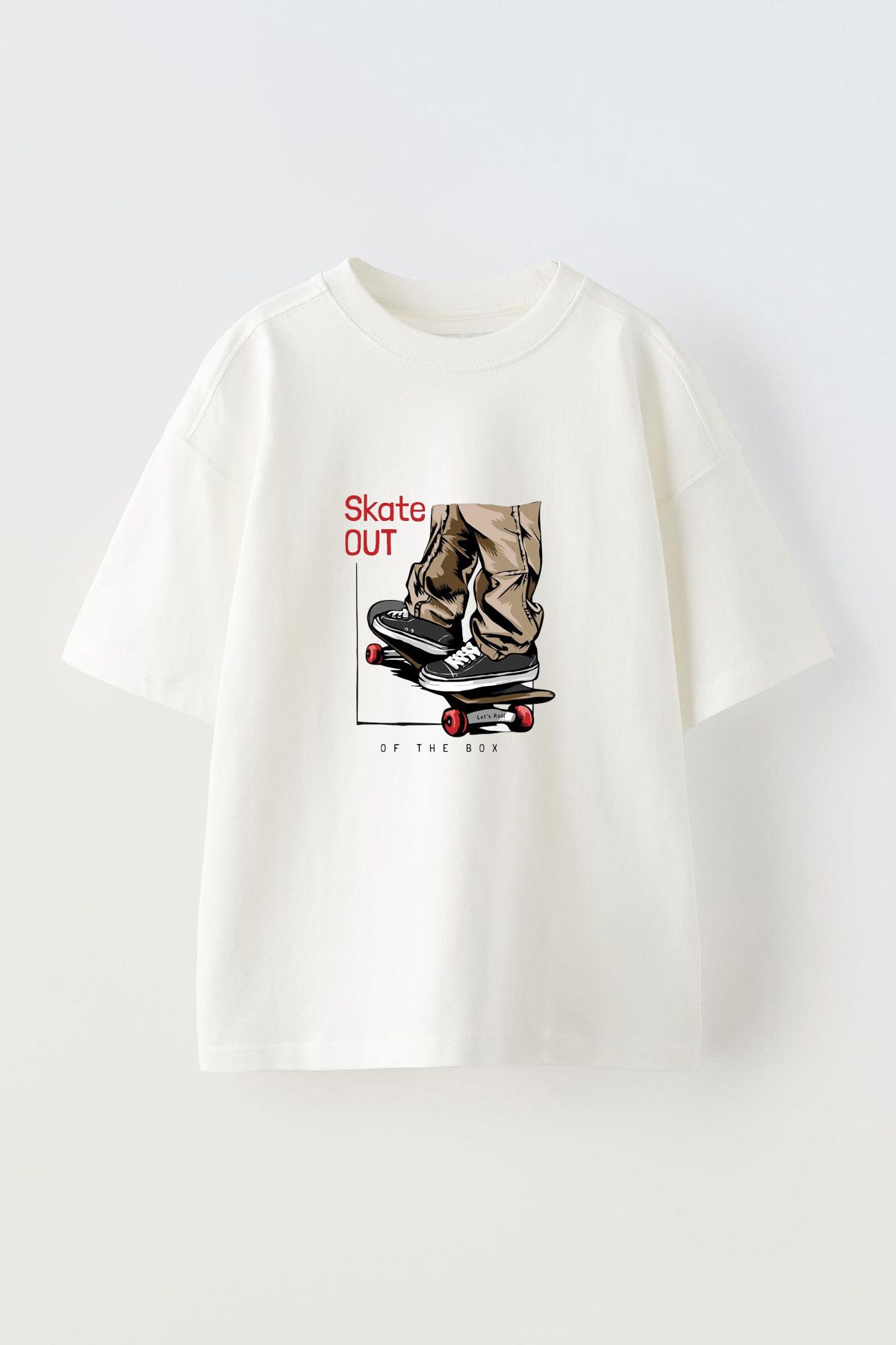 Anetos Skate Out Ön Baskılı Pamuk Beyaz Oversize T-shirt
