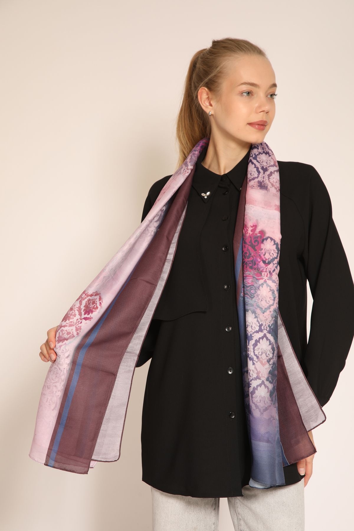 BERCHEM SCARF Bohem Tarz Soft Şal | Mor & Pembe Renkli Desenli Kadın Şal Modeli