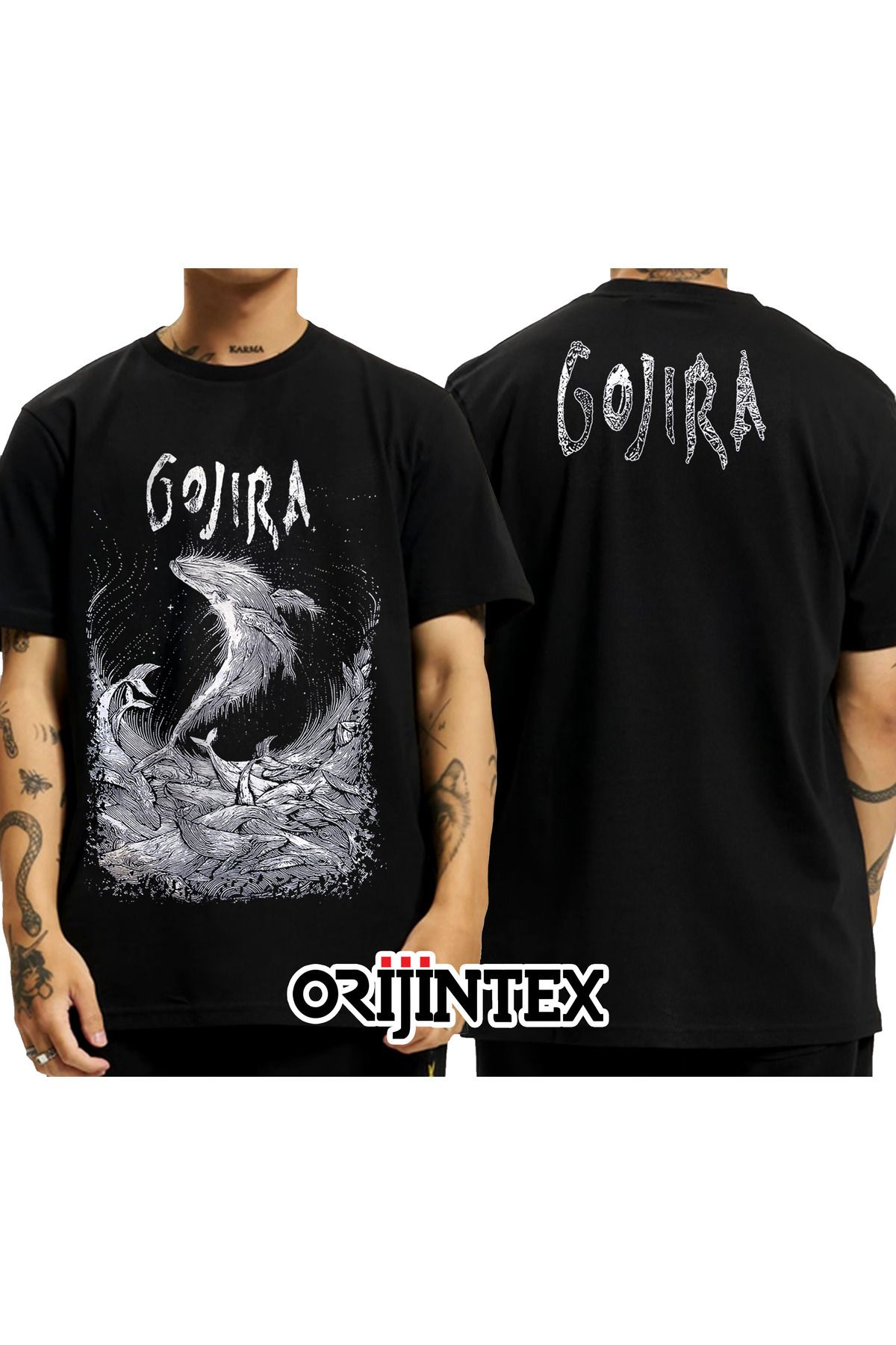 orijintex Gojira Wood Block Whales Ön Arka Baskılı Unisex Siyah Tshirt
