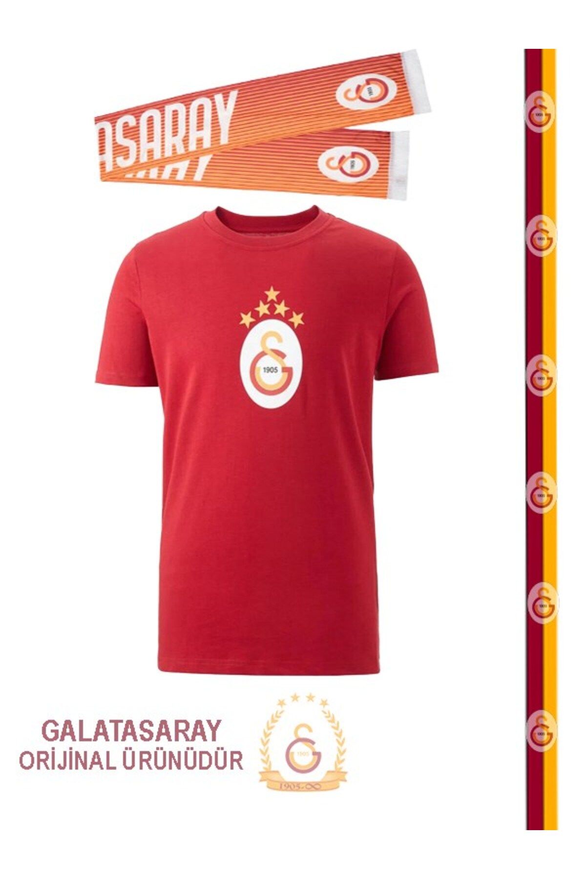 Galatasaray Orijinal 5 Yıldız Kırmızı T-Shirt Atkı Hediyeli