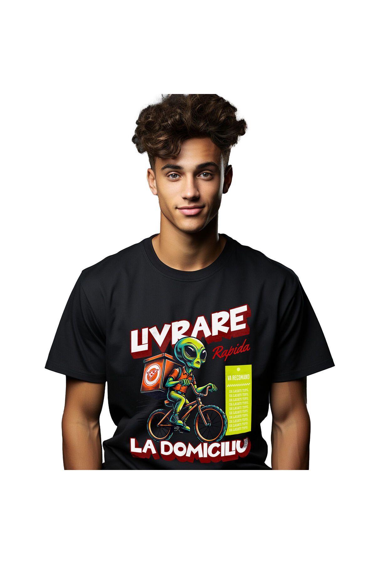 StoryGift Romania Tricou Barbati Cu Extraterestru Curier Cu Bicicleta Si Cutii De Pizza Livrare La,black_xl Masculin - S