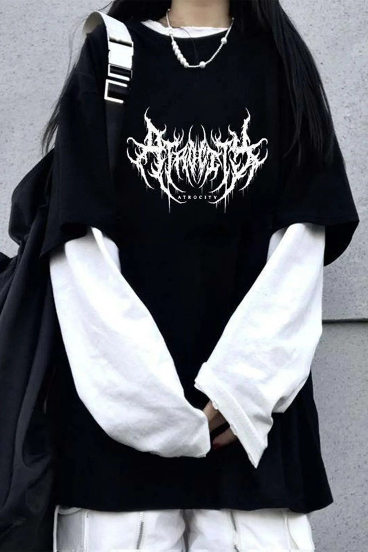 BALİNA Siyah Harajuku Gothic Atrocity Beyaz Kollu Unisex T-Shirt