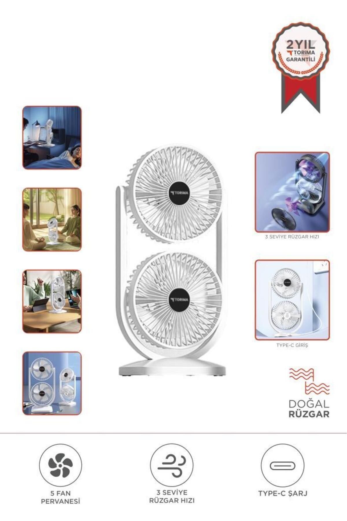 Torima F-22 Beyaz Mini Fan | Taşınabilir Çift Başlıklı Sessiz Vantilatör | Type-C Girişli, 3 Kademel