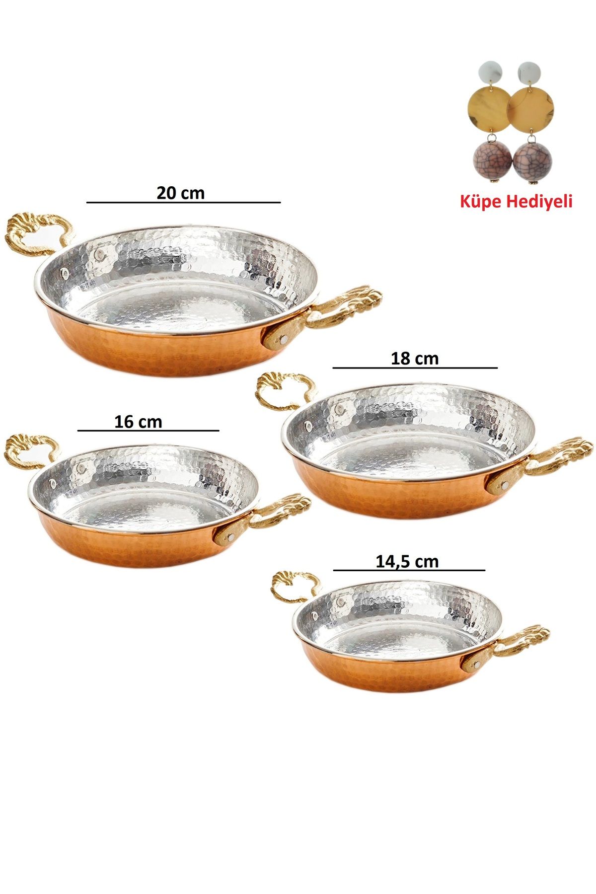 HitDukkan Bakır Dövme 4 lü Tava Seti Küpe Hediyeli