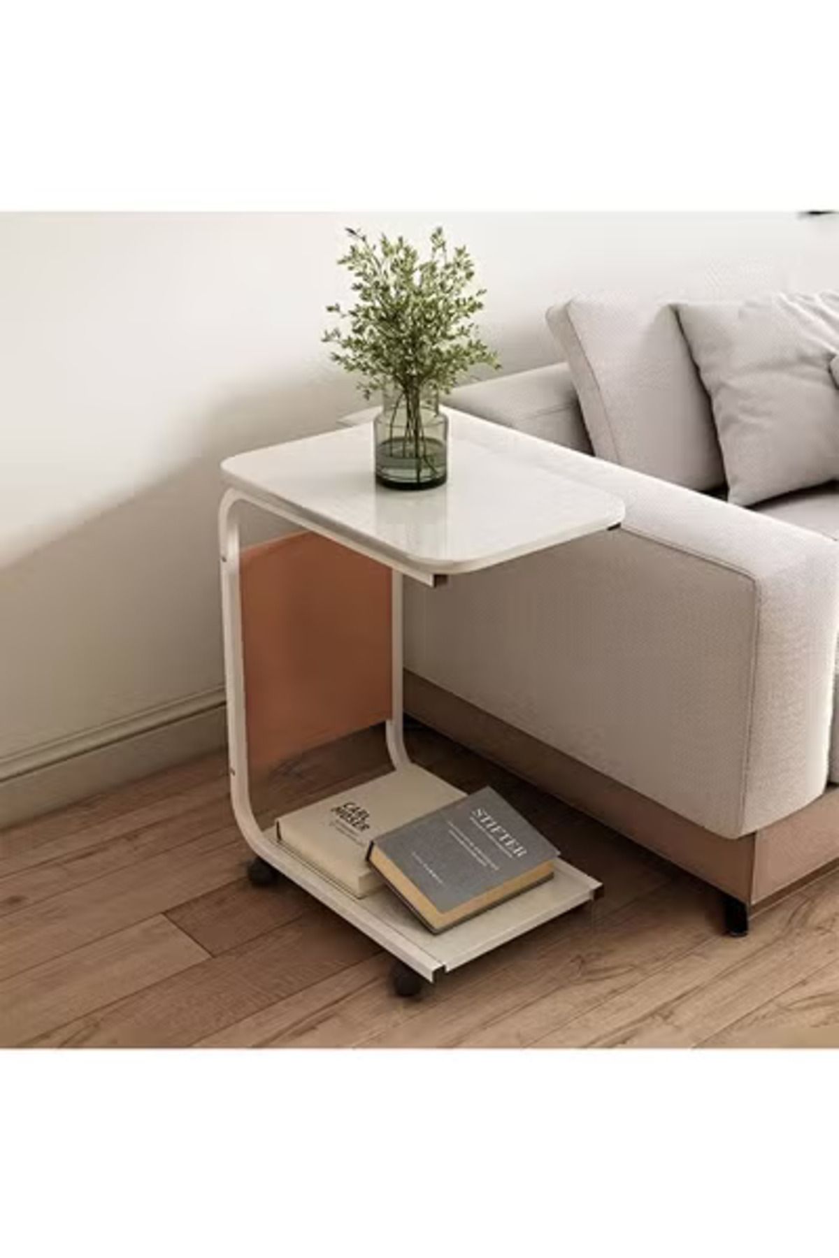 Taimi-C-shaped Side Table With Wheels And Storage Bag, Modern Design Coffee Table, 45x30x63cm - White 6