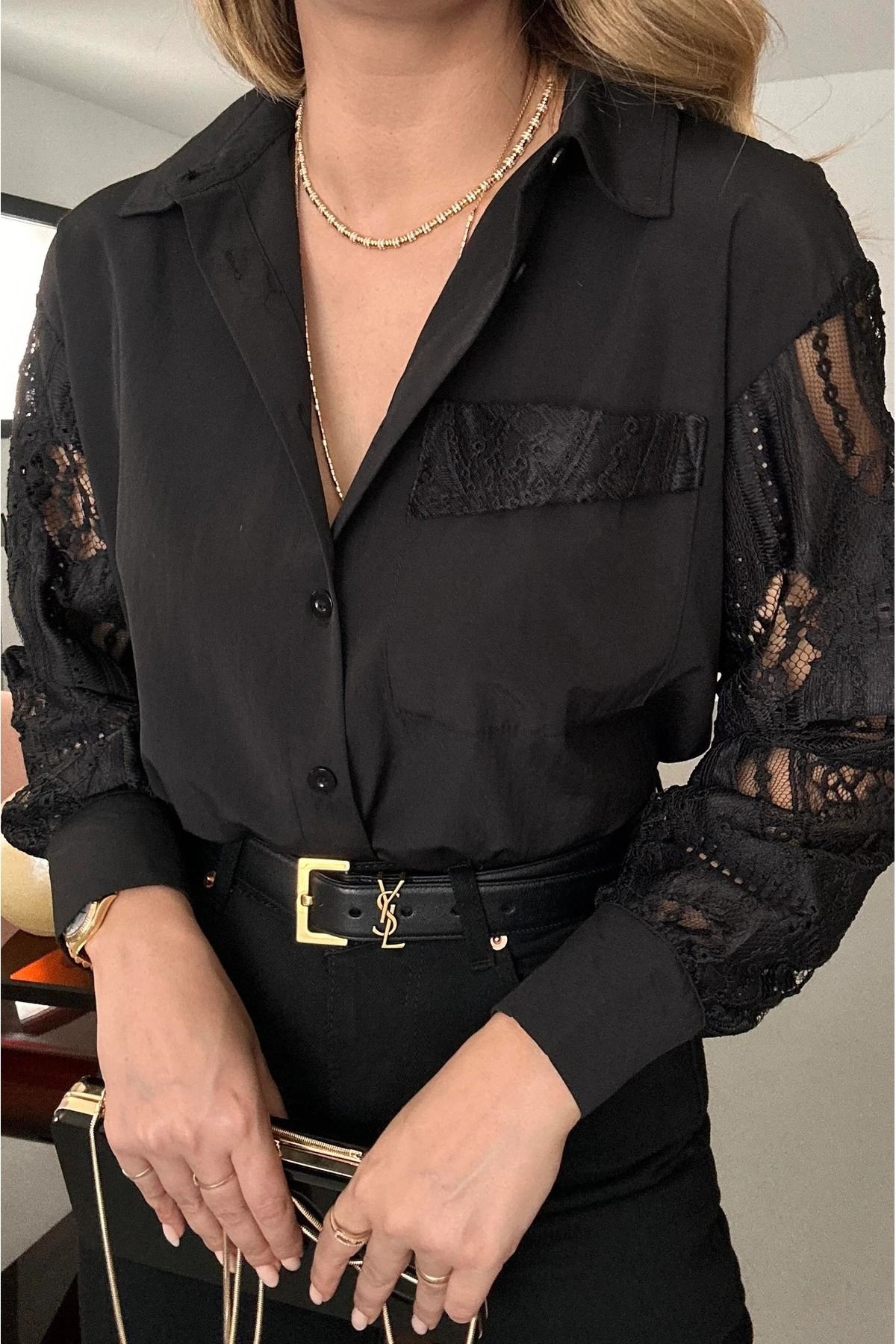 studio fashion 1988 Kadın Siyah Premium Dokulu Dantel Detay Pamuklu Gömlek
