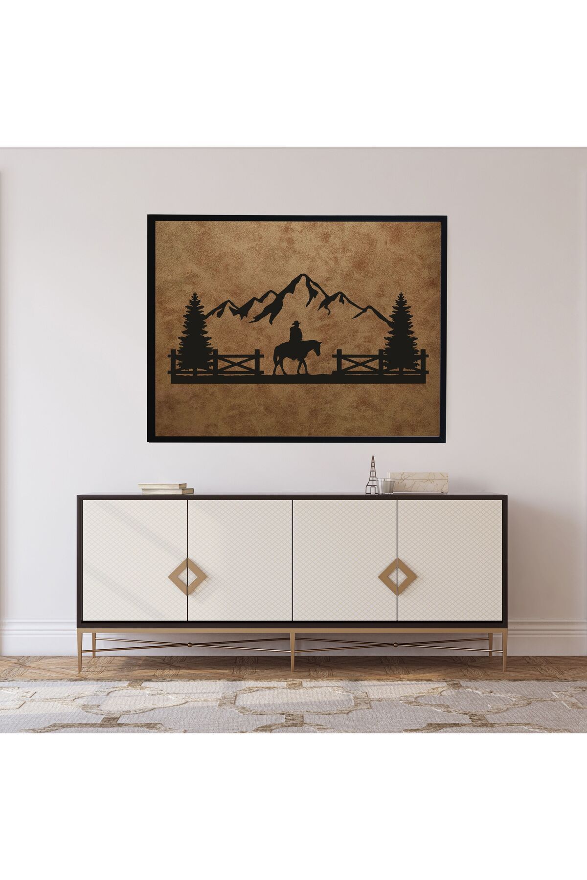 Grand Fine Art Çerçeveli Süet Deri Üzerine Siyah Mdf Tablo At ve Dağ