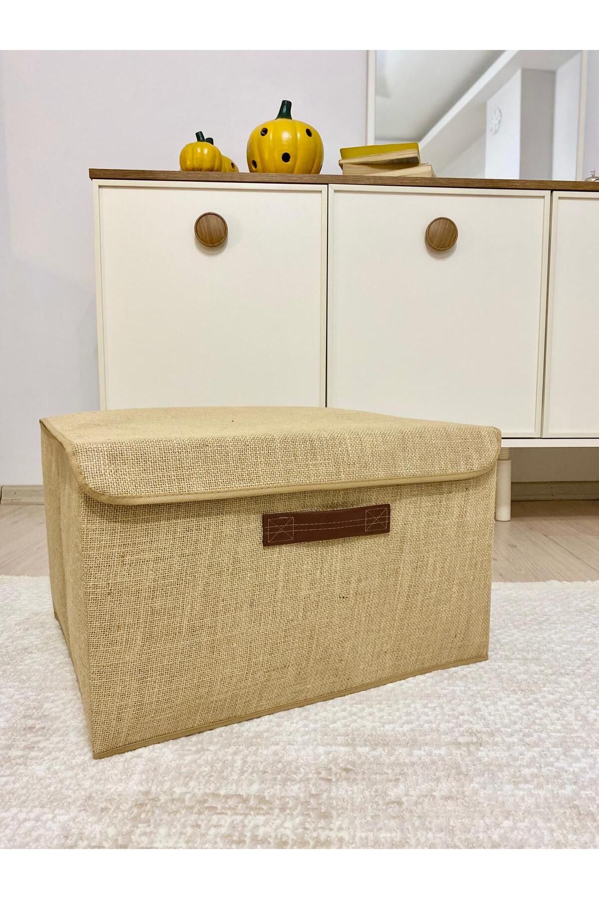 aydev home collection Doğal Jüt Kapaklı Dolap Içi Çamaşır Oyuncak Düzenleyici Katlanır Mega Saklama Kutusu 50x40x30 Cm