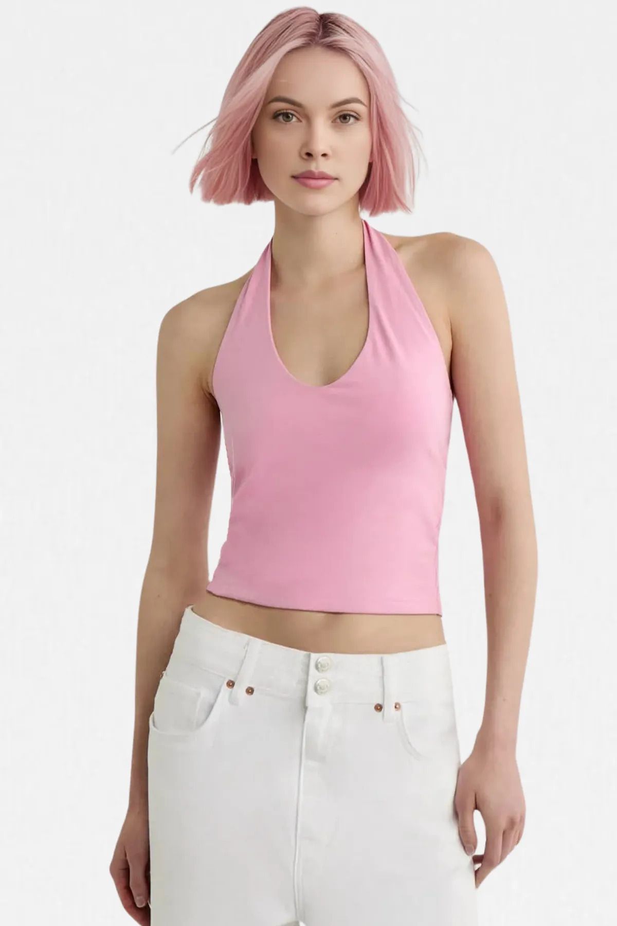 dgs dagıstanlı Kadın Pembe Halter Yaka Crop Top Body