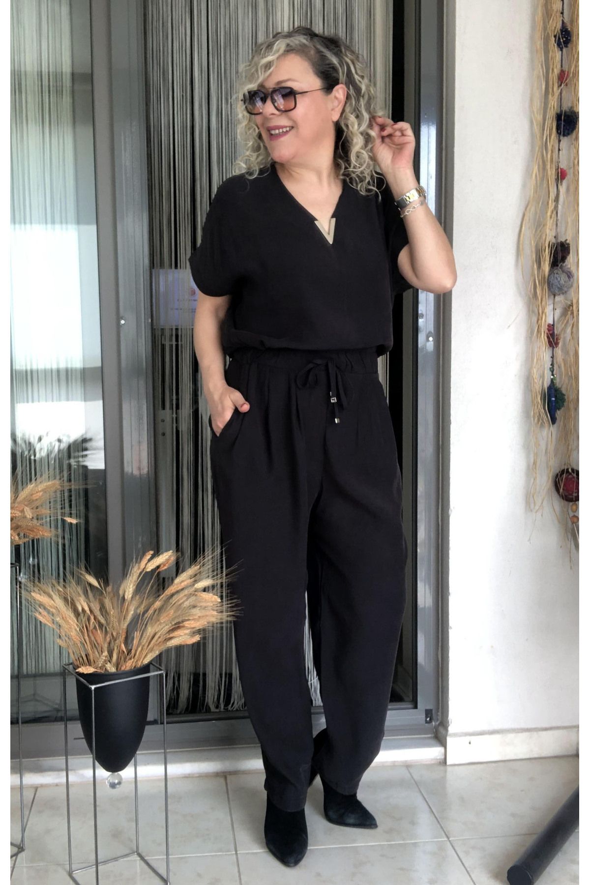 Dila Butik Beli Büzmeli V Yaka Tulum
