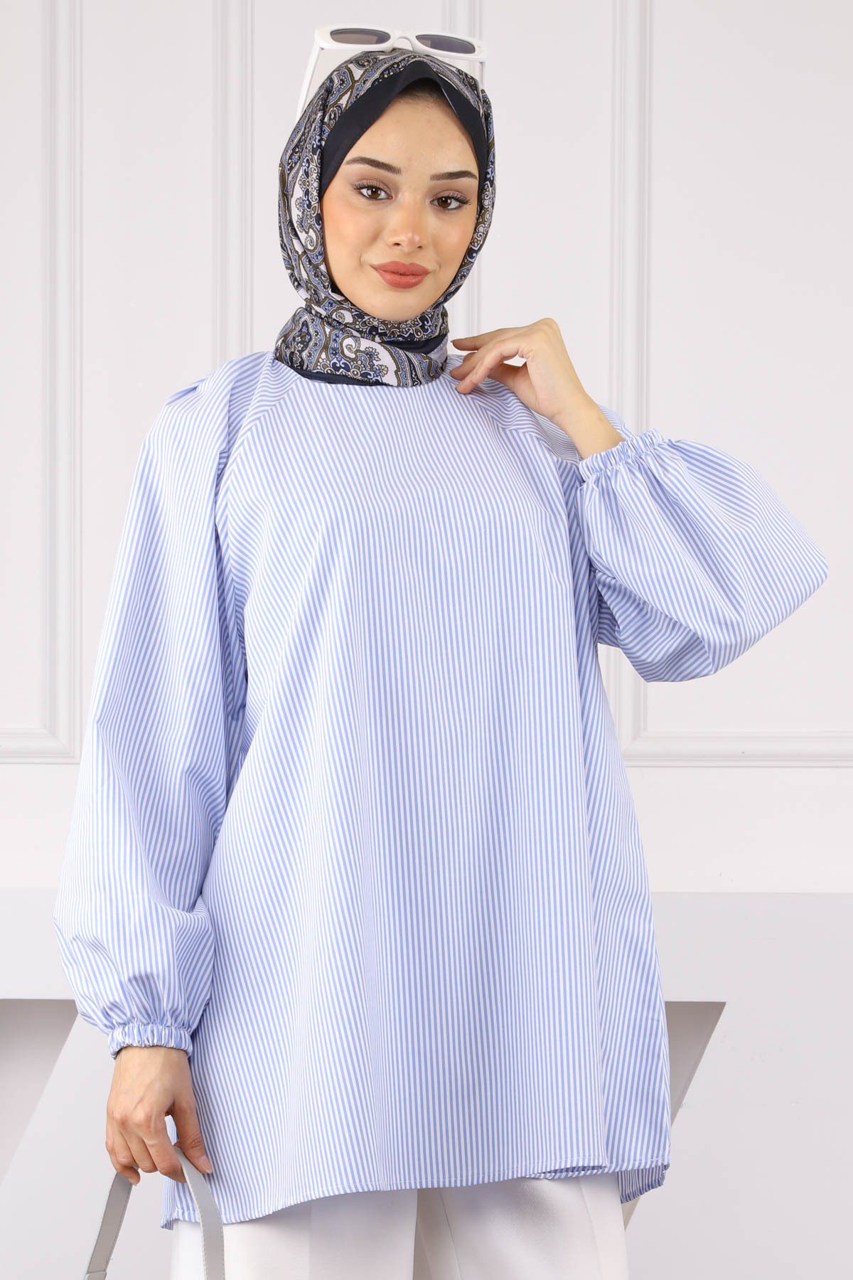 İmajButik Lacivert Balon Kol Çizgili Tunik