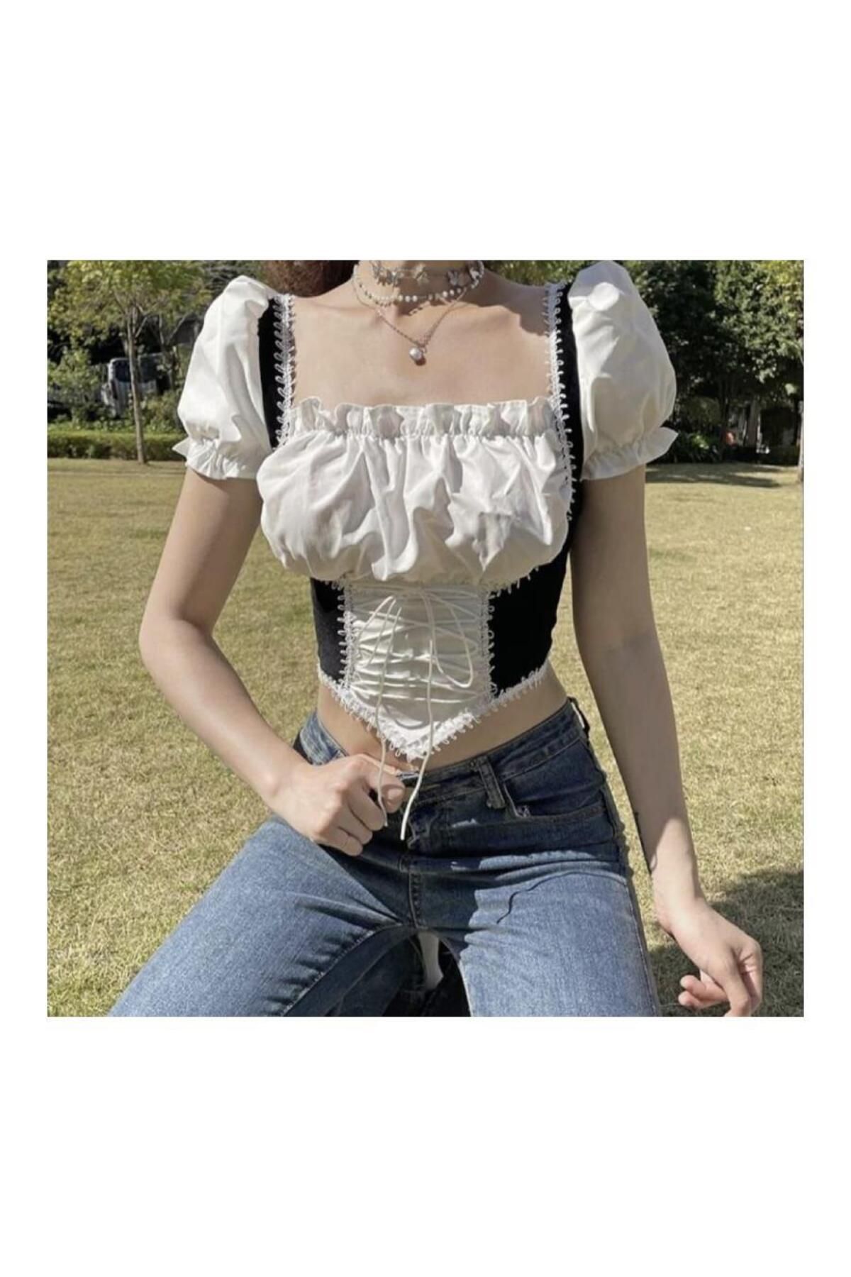 BALİNA Harajuku Medieval Style Siyah Yarım Kadın T-Shirt