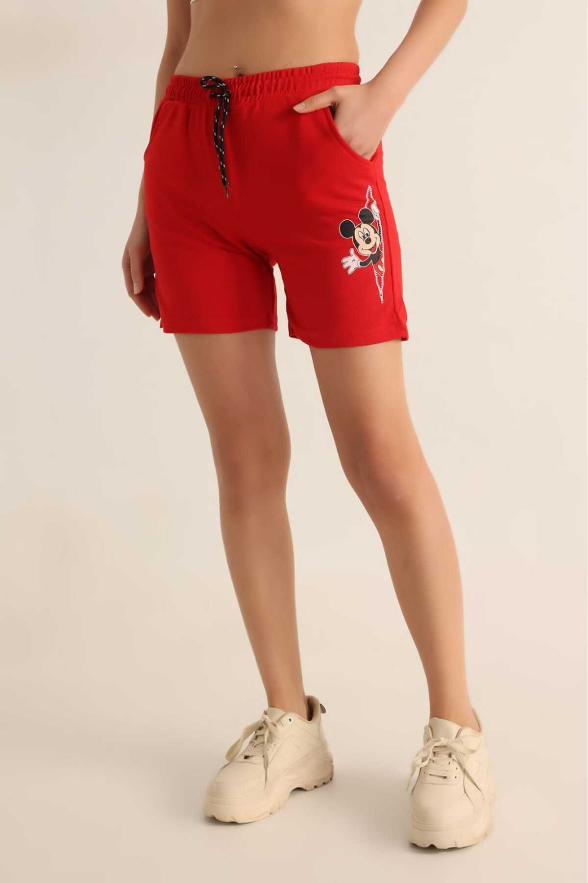 gigigiyim Mickey Mouse Baskılı Kadın Şort Kırmızı